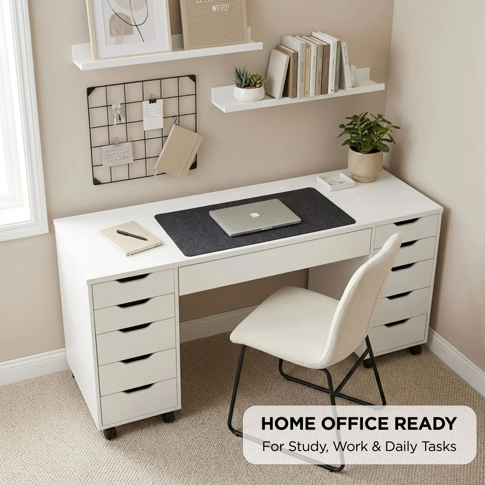 Ennova Rolling Computer Desk with Drawers - White - Image 4