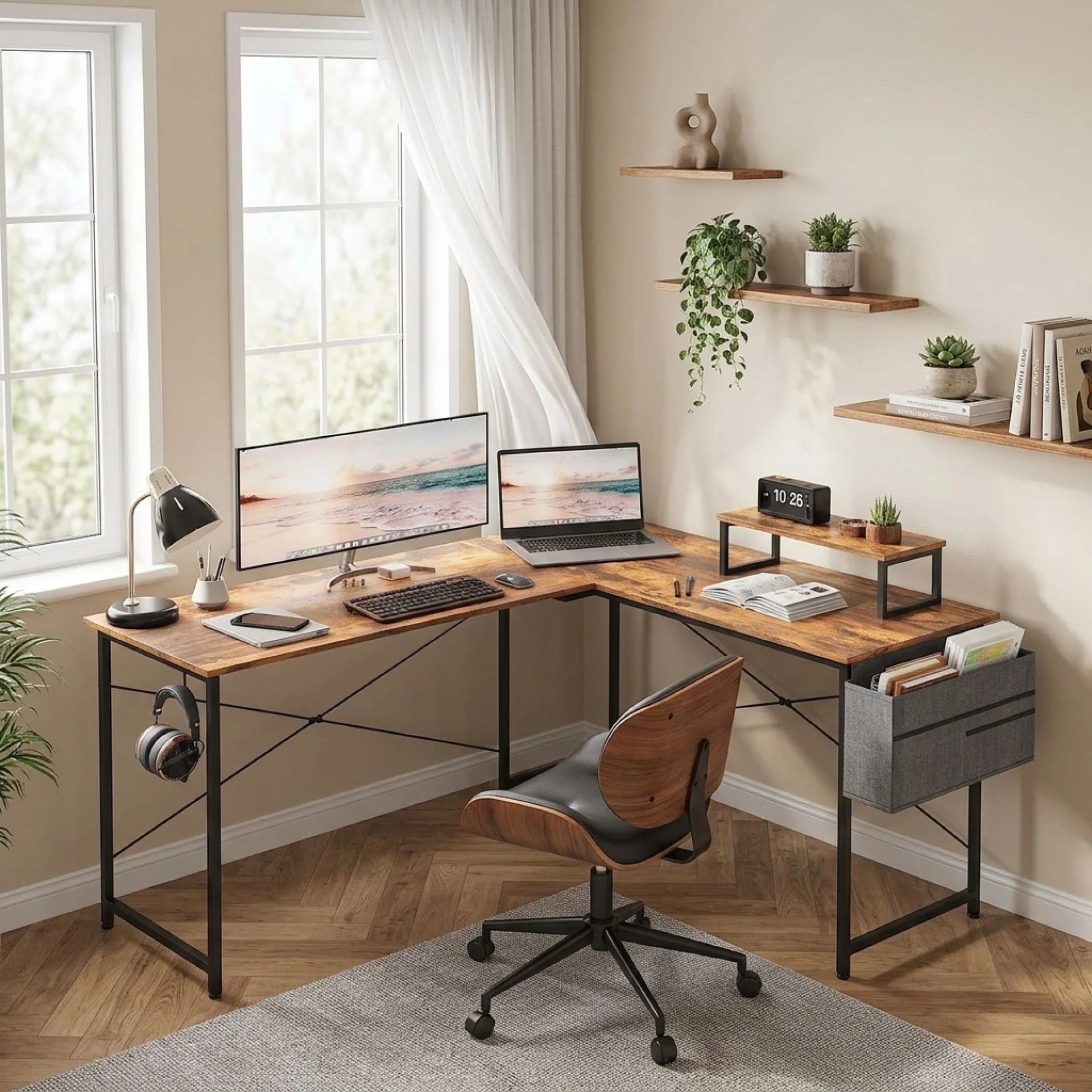 Felix Computer Corner Desk with Storage Bag - Rustic Brown - Image 4