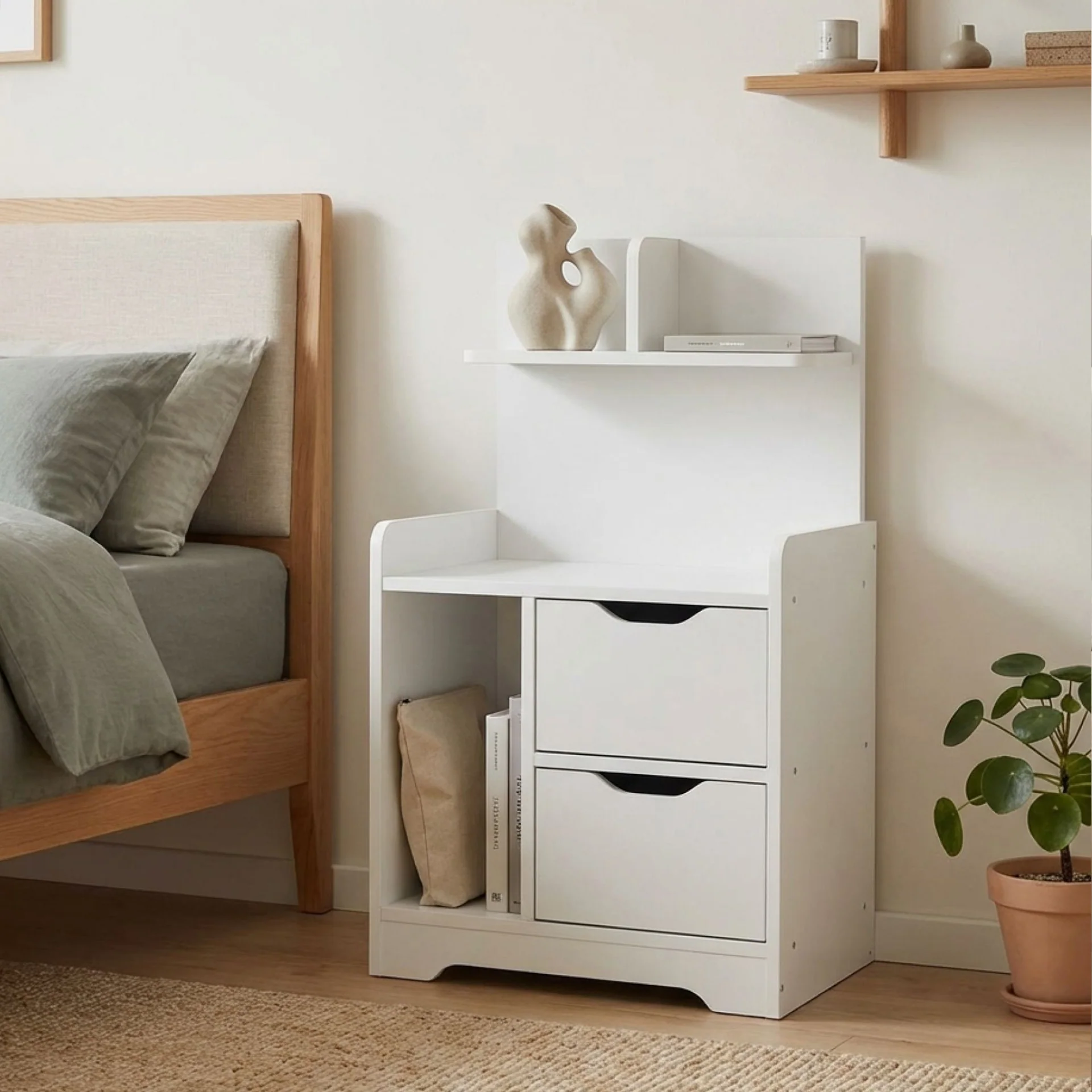 Finn Bedside Table with Shelves - White