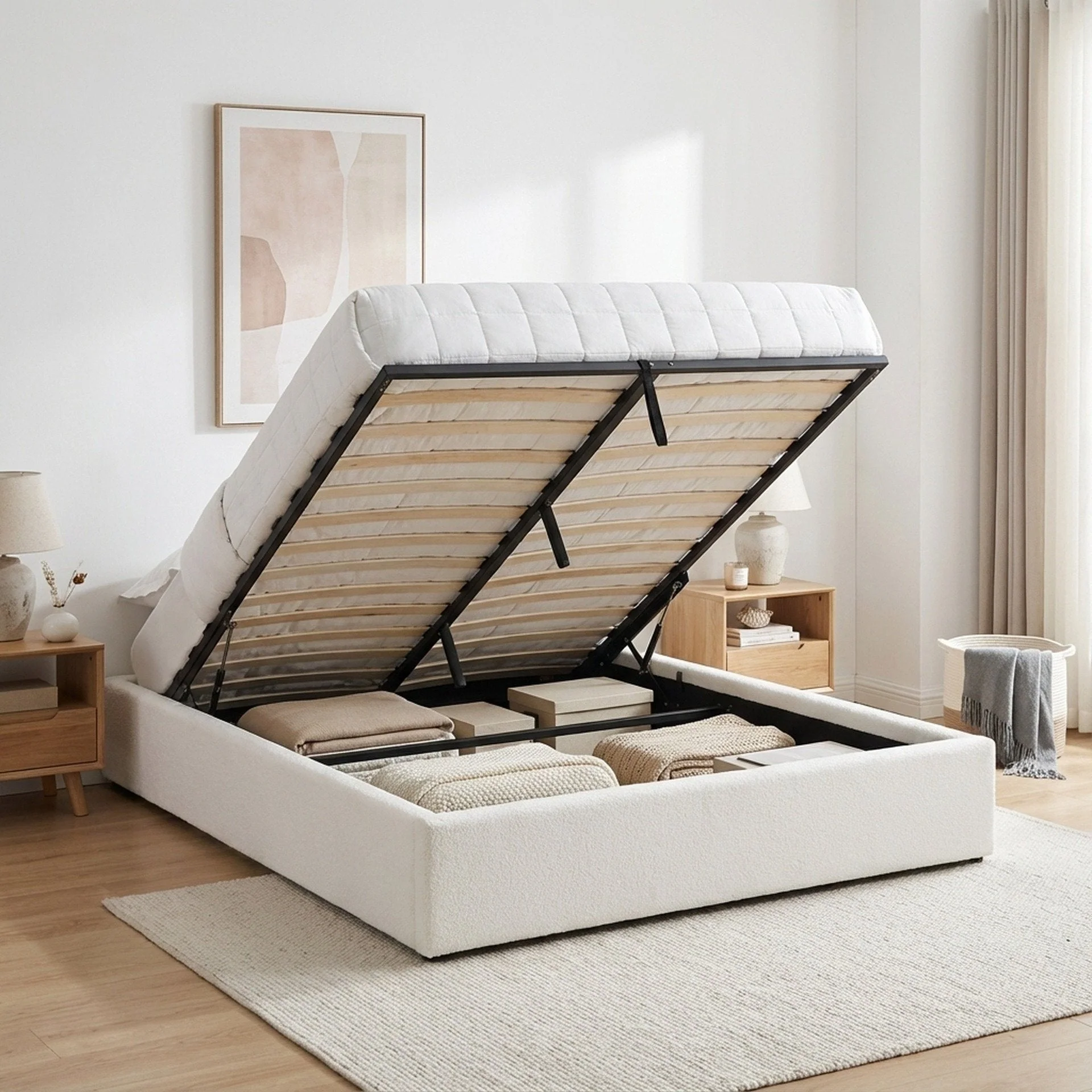 Fomo Boucle Queen Gas Lift Bed Frame - White - Image 2