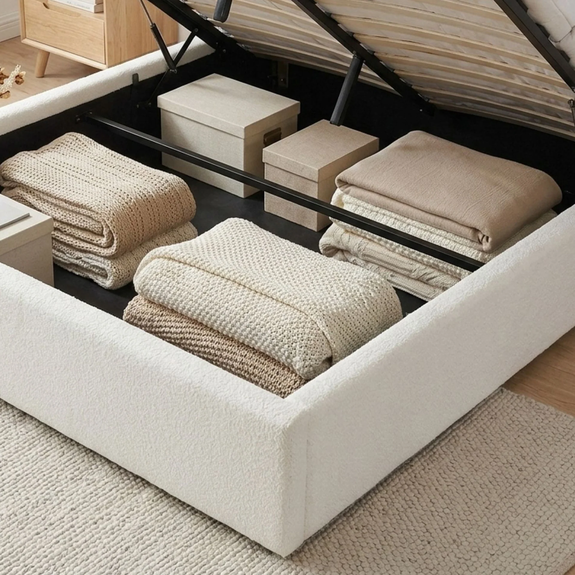 Fomo Boucle Queen Gas Lift Bed Frame - White - Image 5