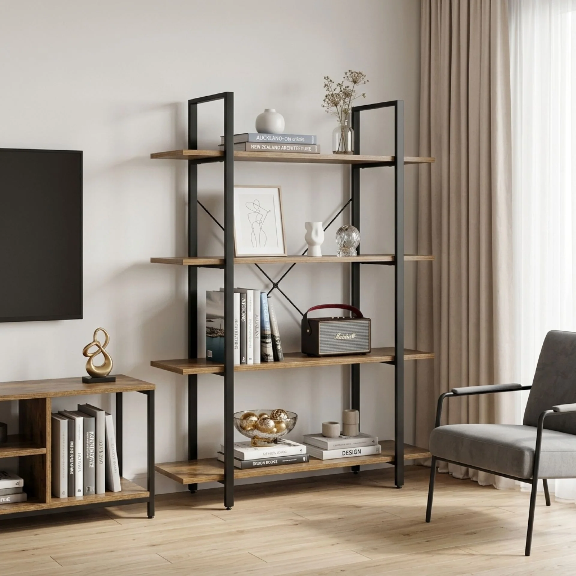 Forge 4-Tier Bookshelf - Rustic Brown - Image 3