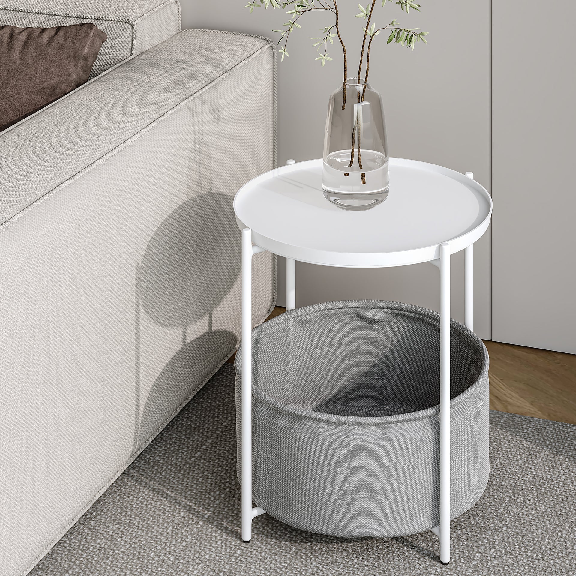 Francis Round Coffee Table with Storage - White + Grey - Image 2