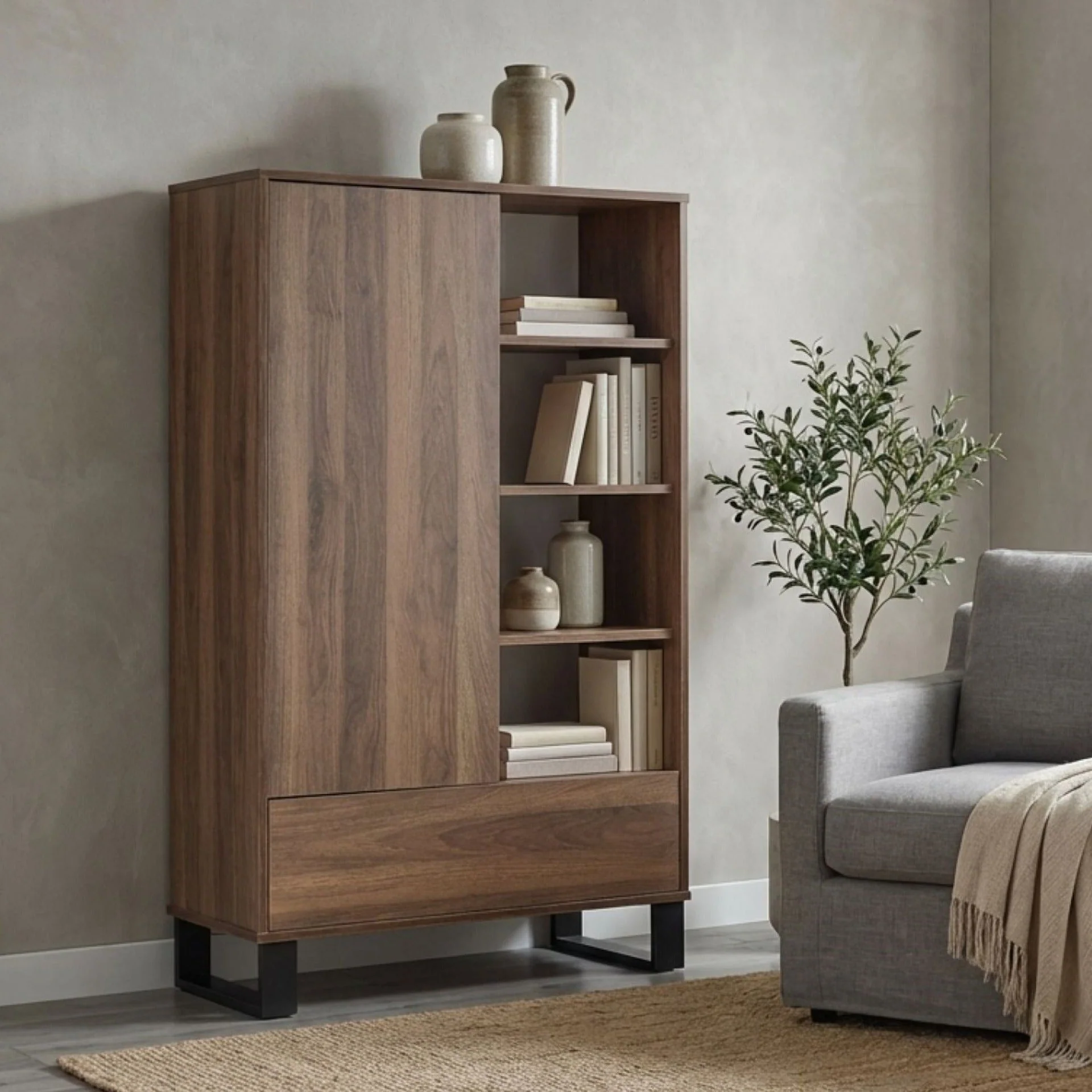 Frohna Bookshelf Cabinet with Drawer - Walnut - Image 4