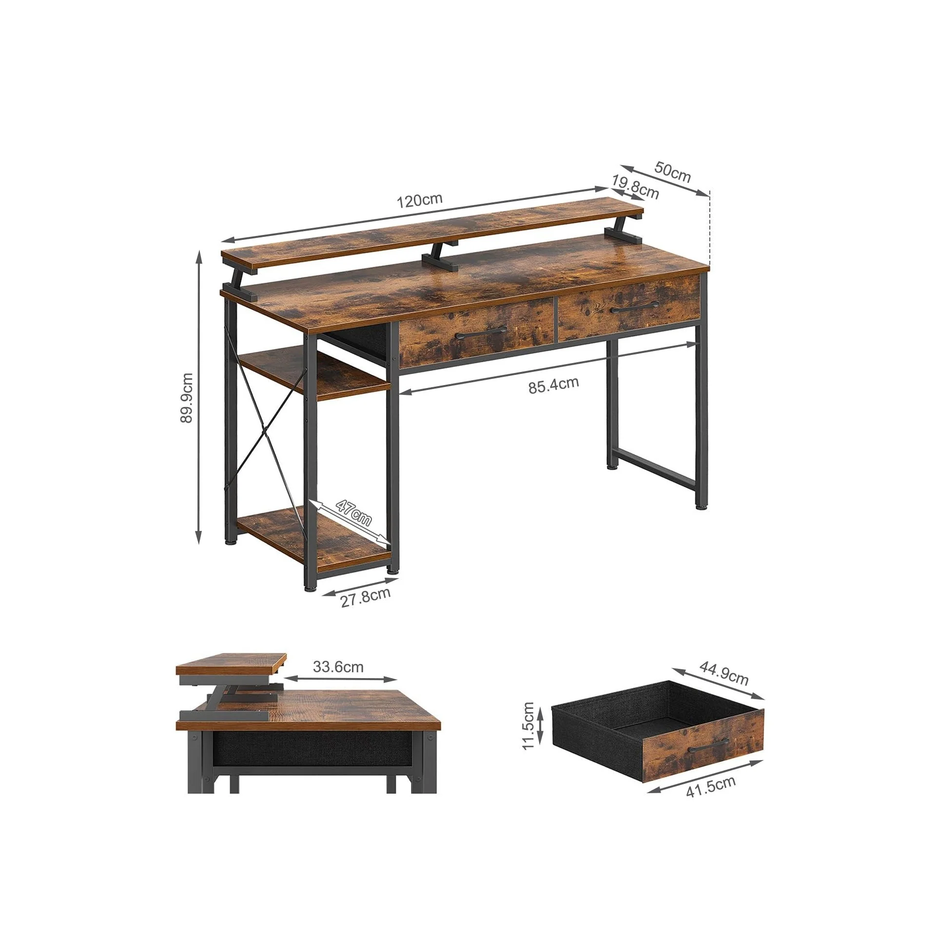 Gael 120cm Computer Desk with 2 Drawers - Rustic Brown - Image 10