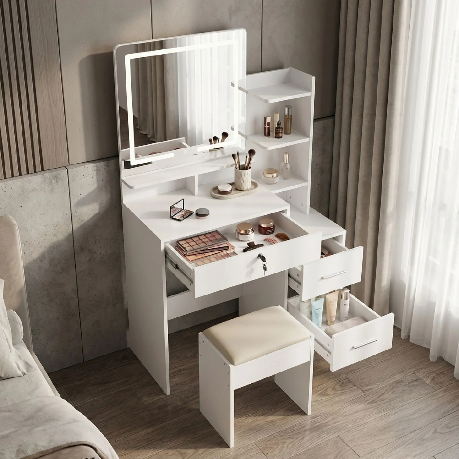 Gardenia 2 Piece Dressing Table with Mirror & Stool Set - White - Image 4