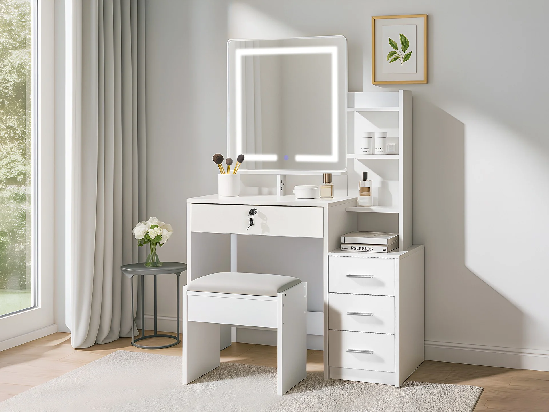 Gardenia 2 Piece Dressing Table with Mirror & Stool Set - White - Image 6