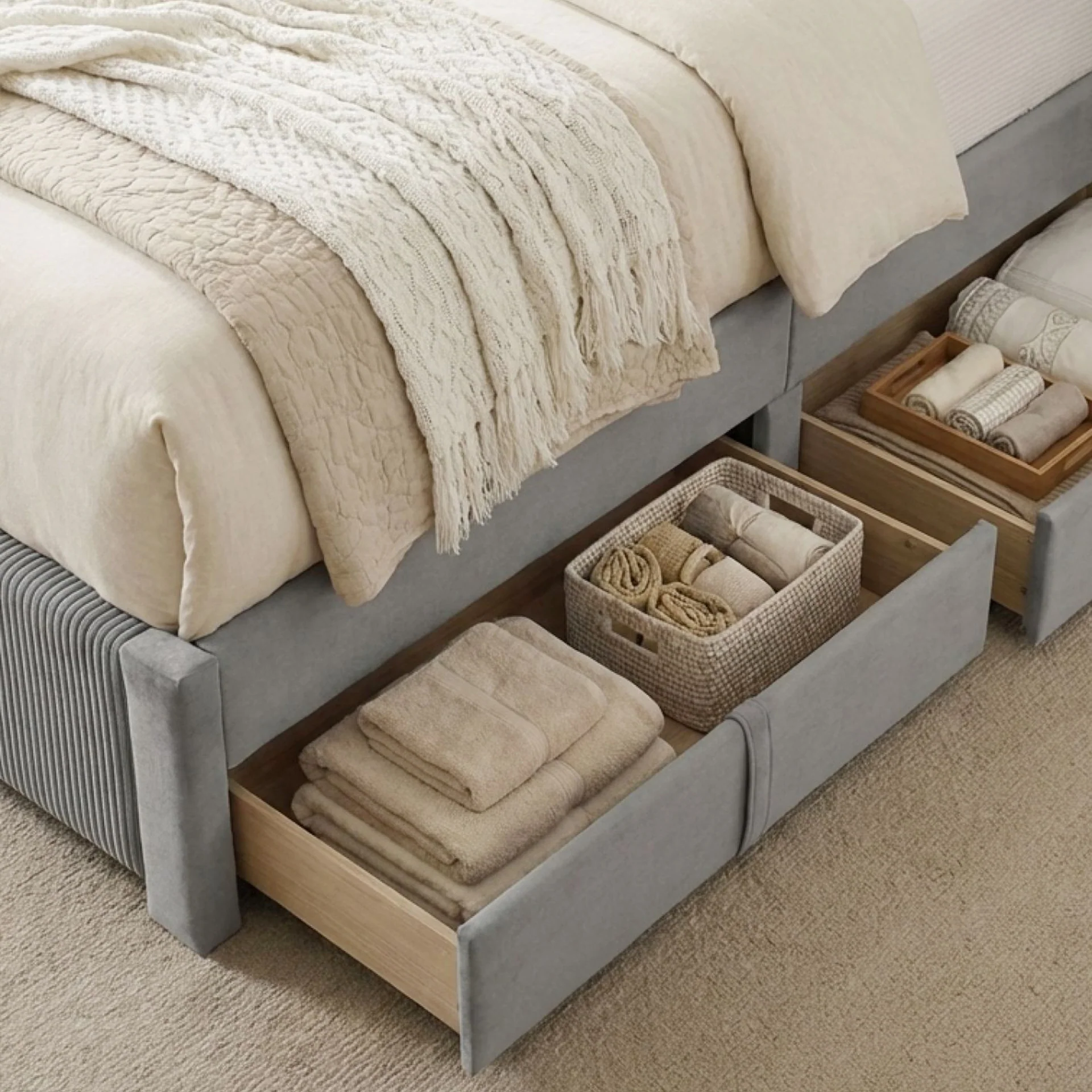 Gower Velvet Queen Bed Frame with 4 Drawers - Grey - Image 6