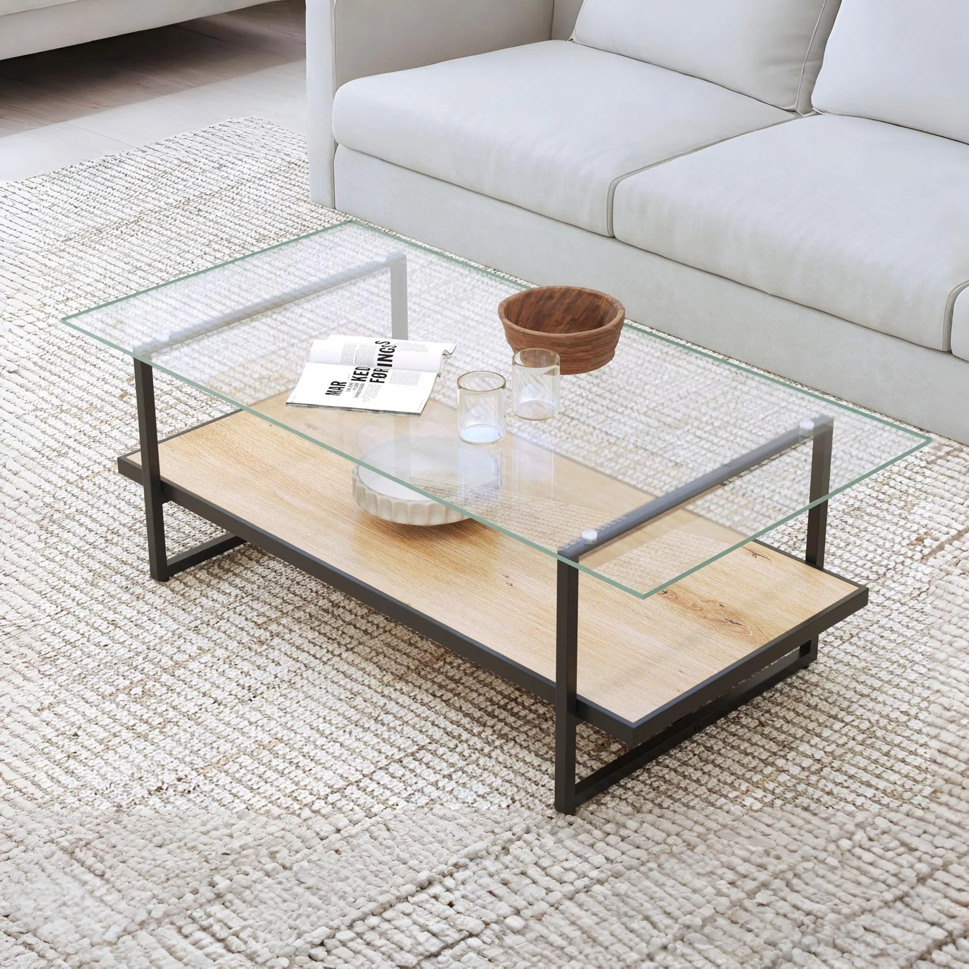 Hala Tempered Glass Top Coffee Table - Oak + Black - Image 3
