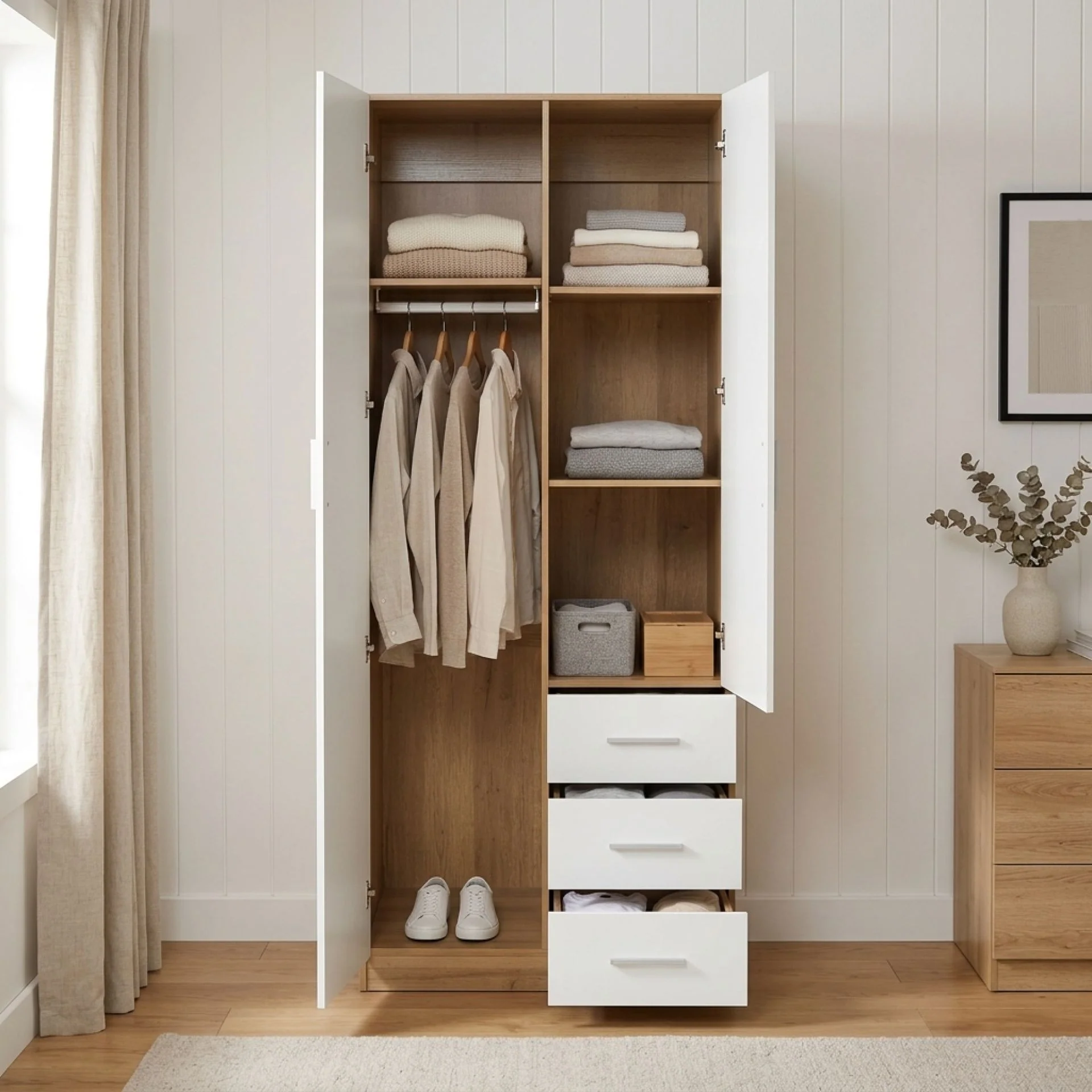 Harris 2 Door Wardrobe with 3 Drawers - Oak+White - Image 2