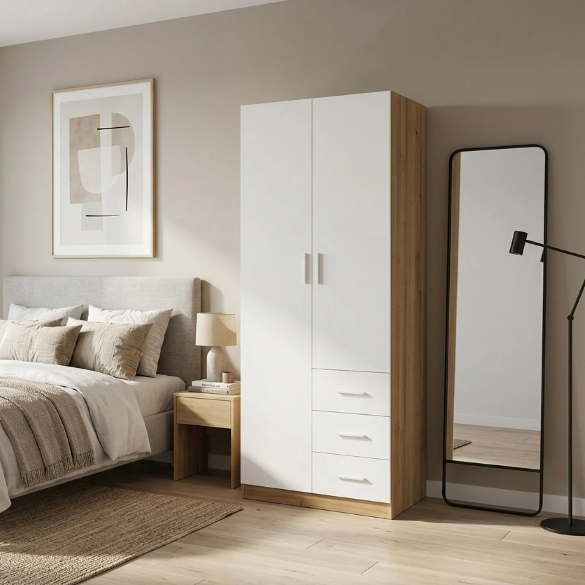 Harris 2 Door Wardrobe with 3 Drawers - Oak+White - Image 3