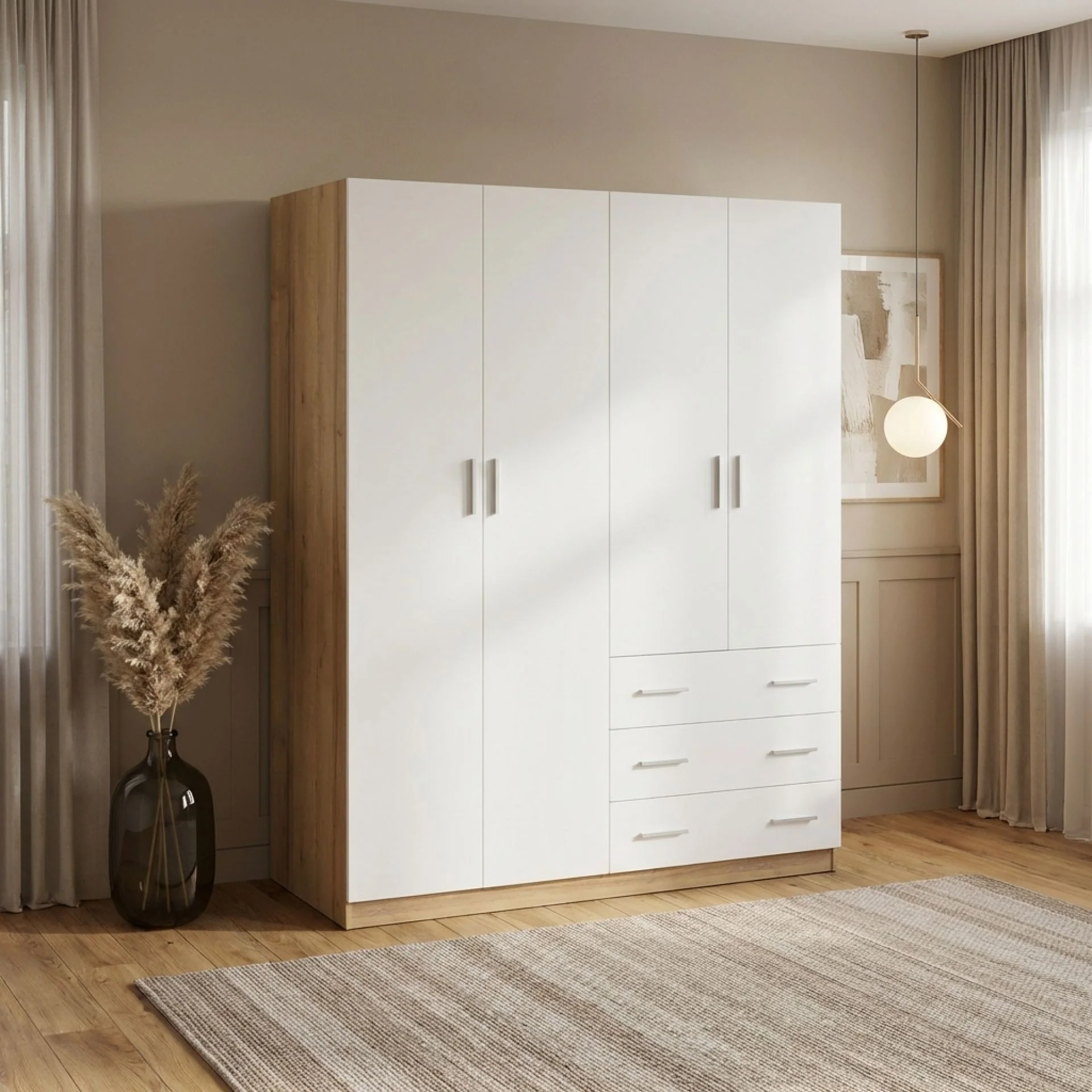 Harris 4 Door Wardrobe with 3 Drawers - Oak+White - Image 3