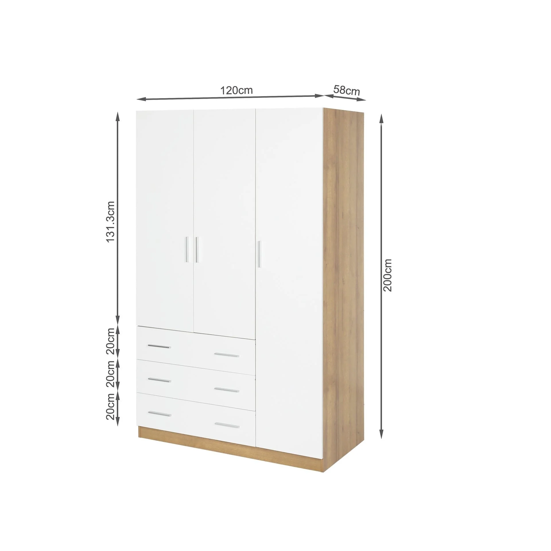 Harris 3 Door Wardrobe with 3 Drawers - Oak+White - Image 9