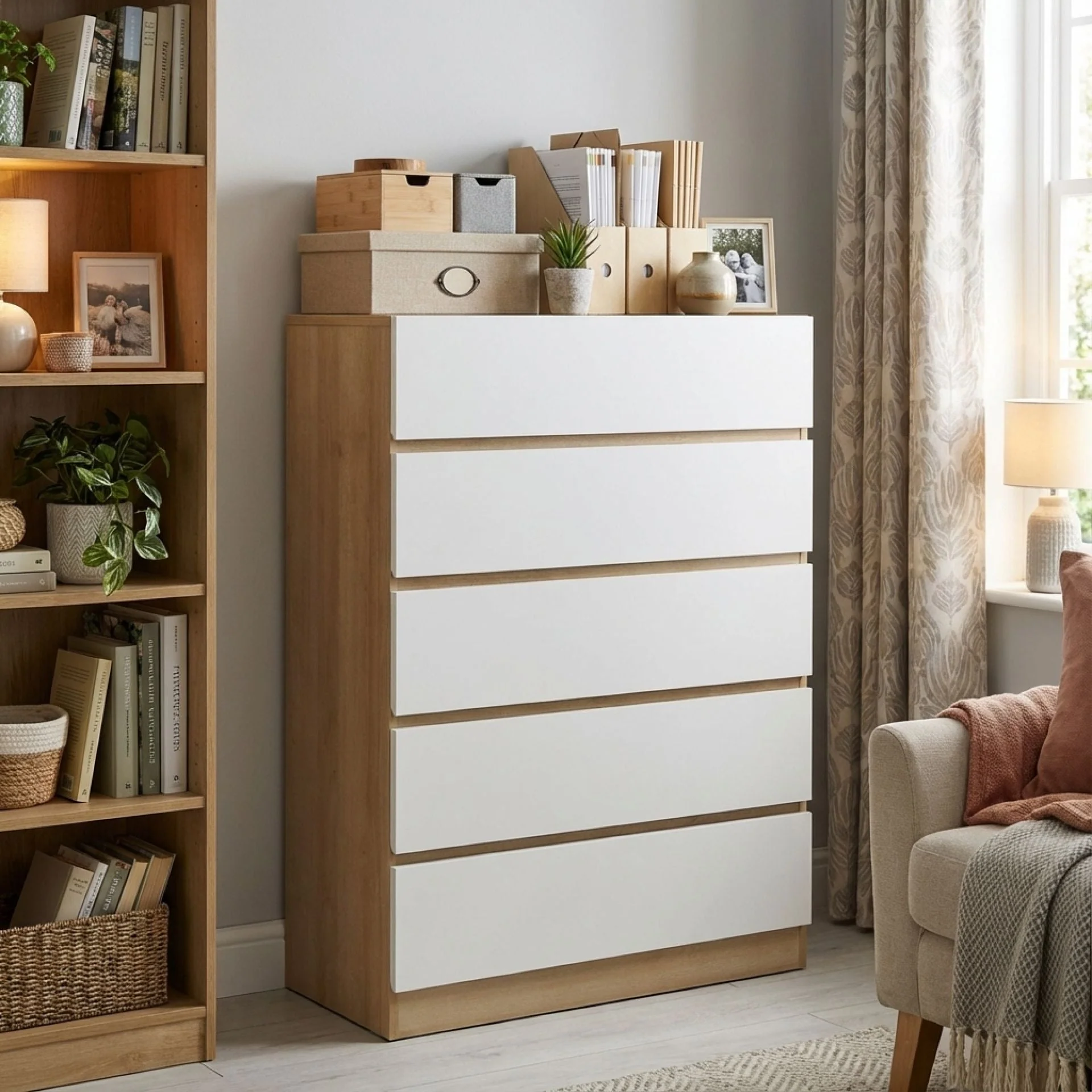Harris 5 Drawers Tallboy - Oak + White - Image 2