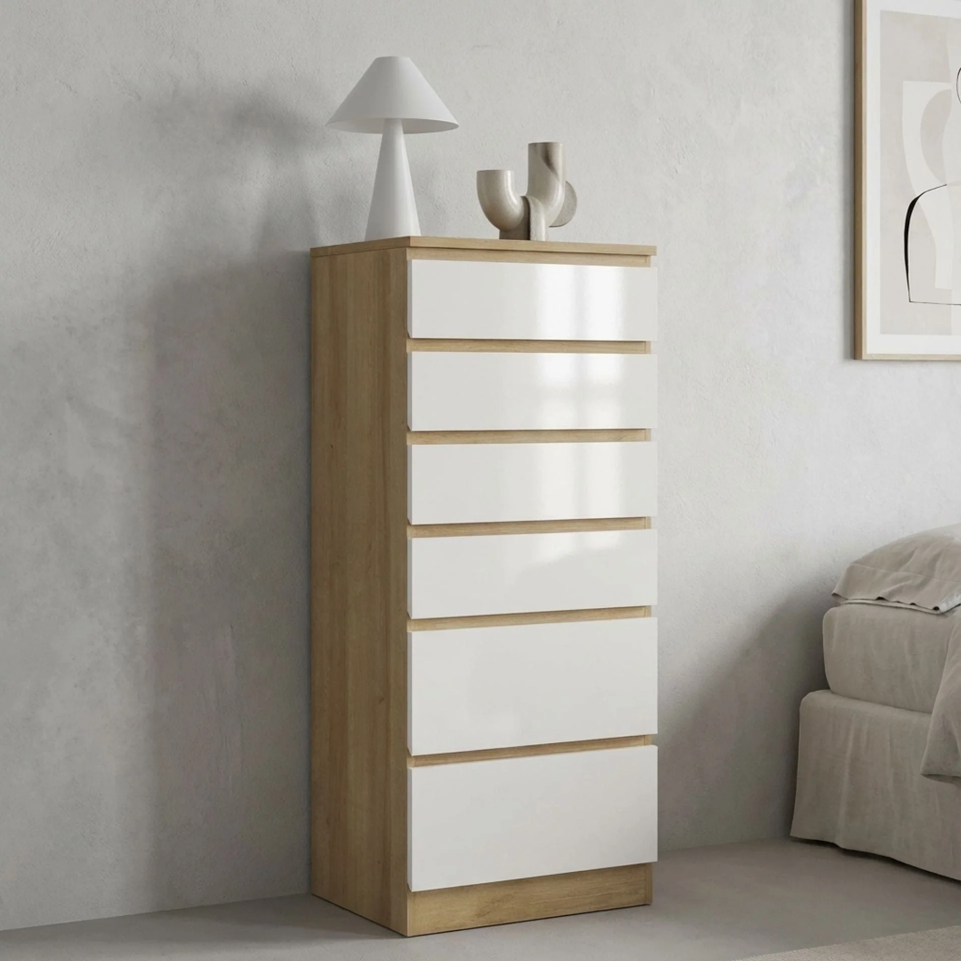 Harris 6 Drawer Tallboy with Mirror - Oak + White
