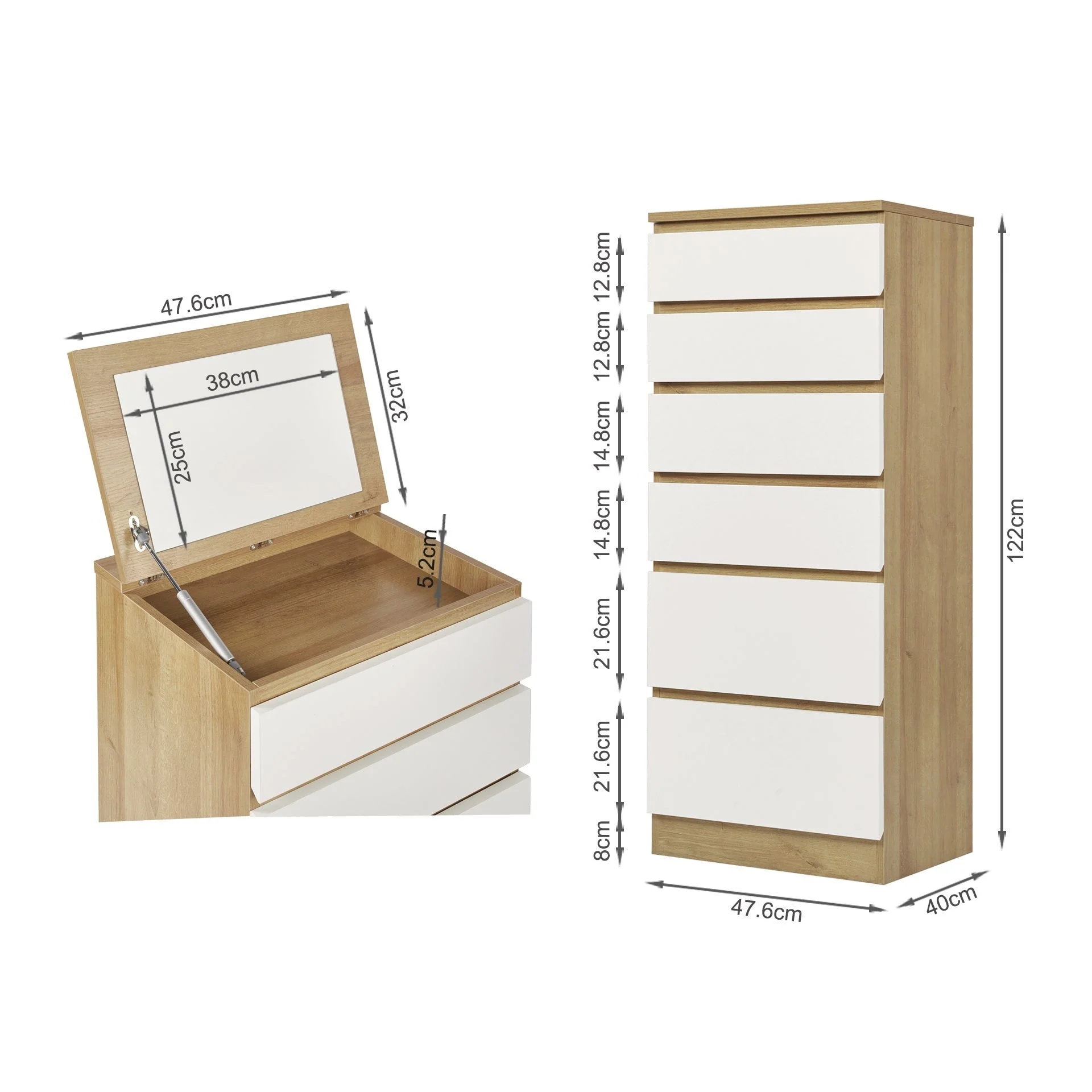 Harris 6 Drawer Tallboy with Mirror - Oak + White - Image 15