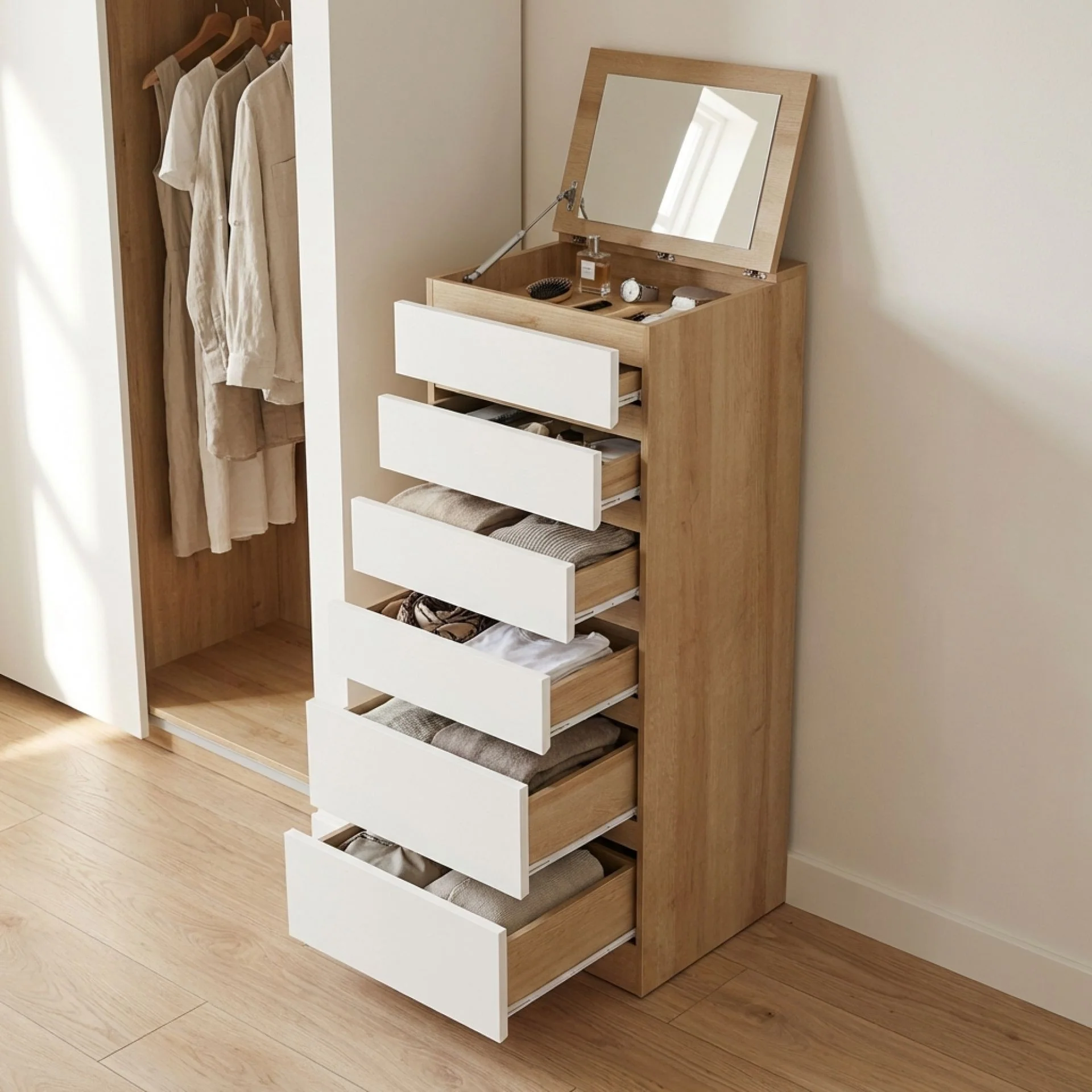 Harris 6 Drawer Tallboy with Mirror - Oak + White - Image 2