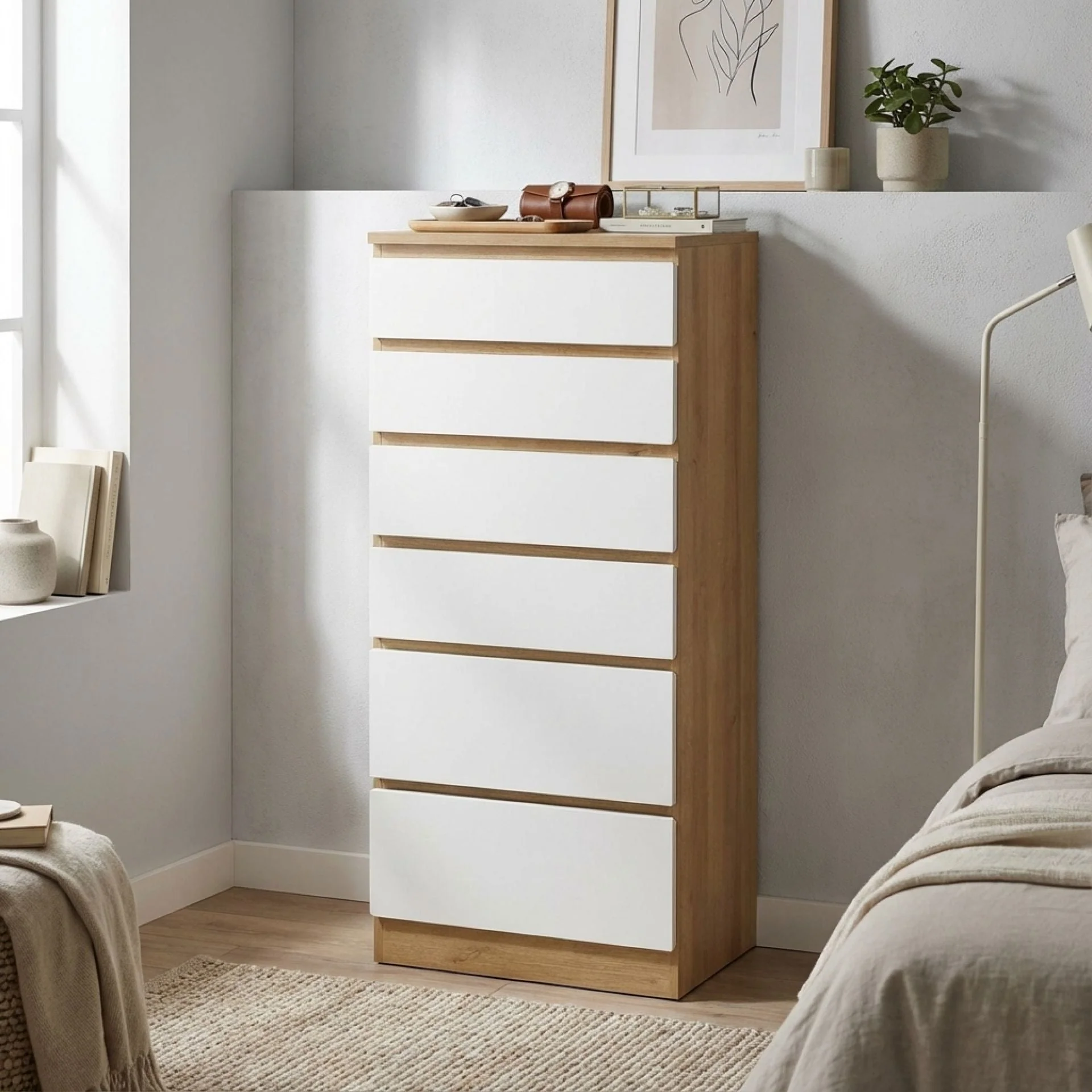 Harris 6 Drawer Tallboy with Mirror - Oak + White - Image 3
