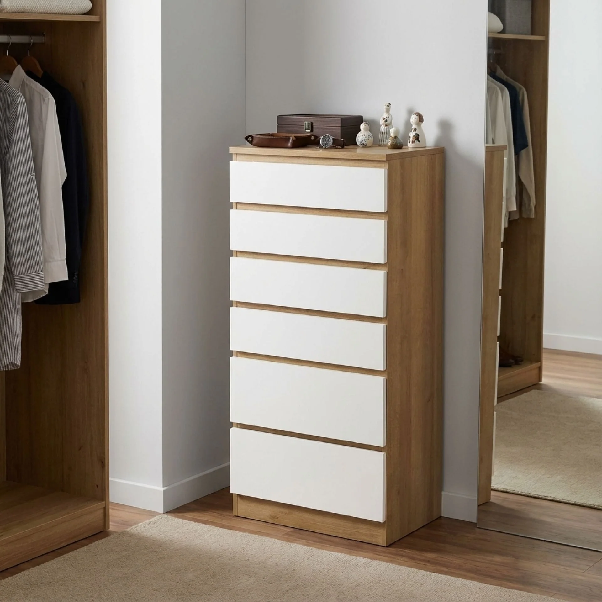 Harris 6 Drawer Tallboy with Mirror - Oak + White - Image 4