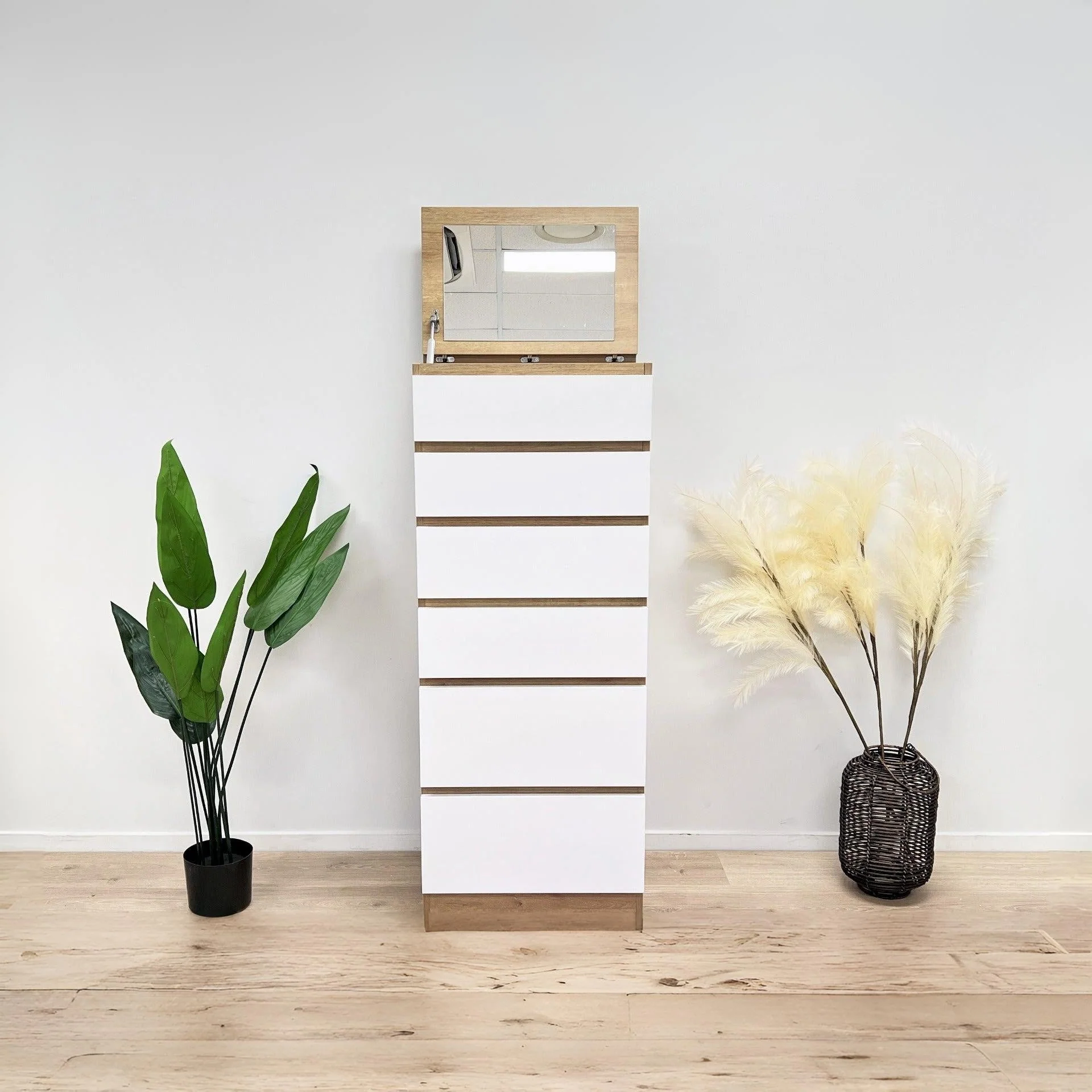 Harris 6 Drawer Tallboy with Mirror - Oak + White - Image 5