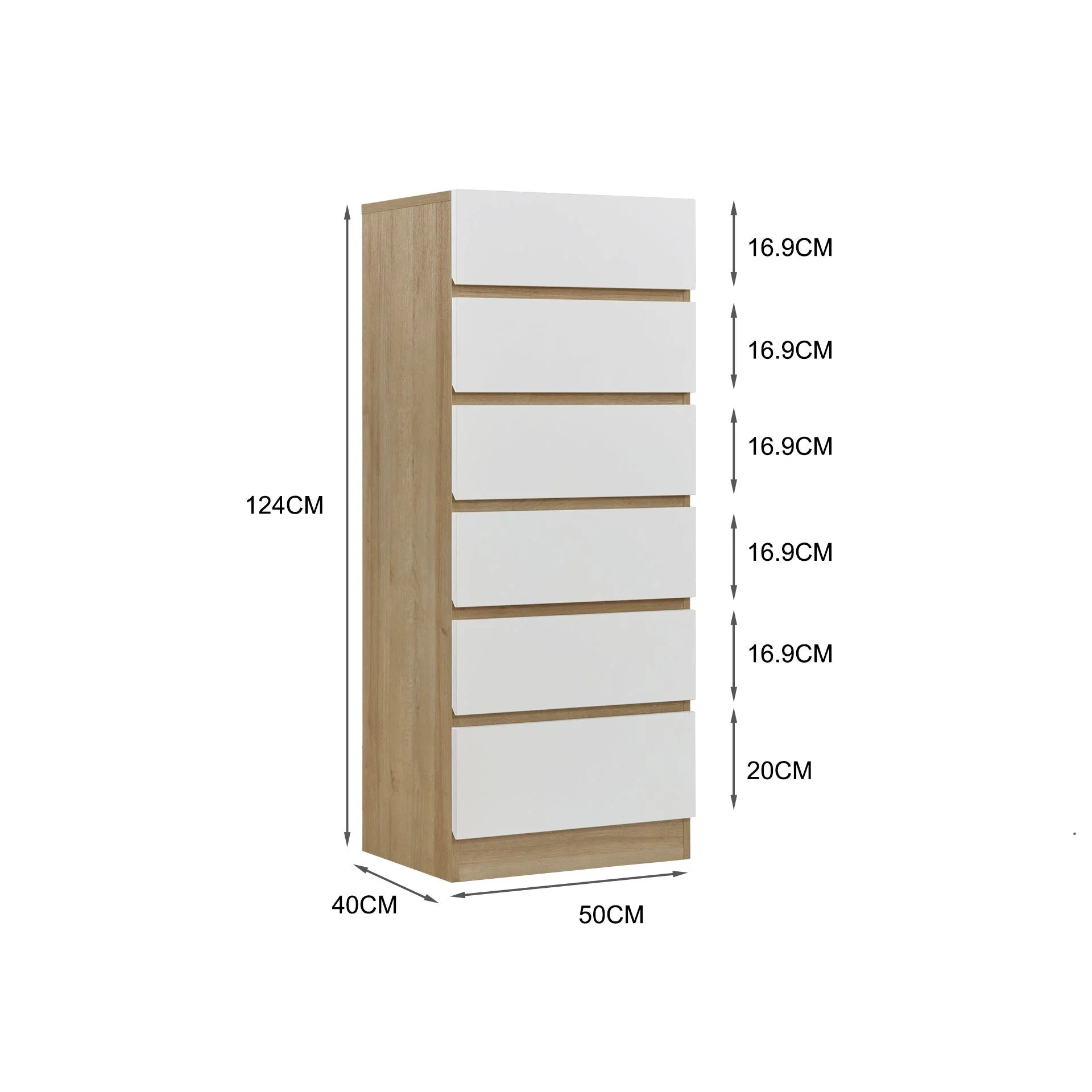 Harris 6 Drawers Slim Tallboy - Oak + White - Image 12