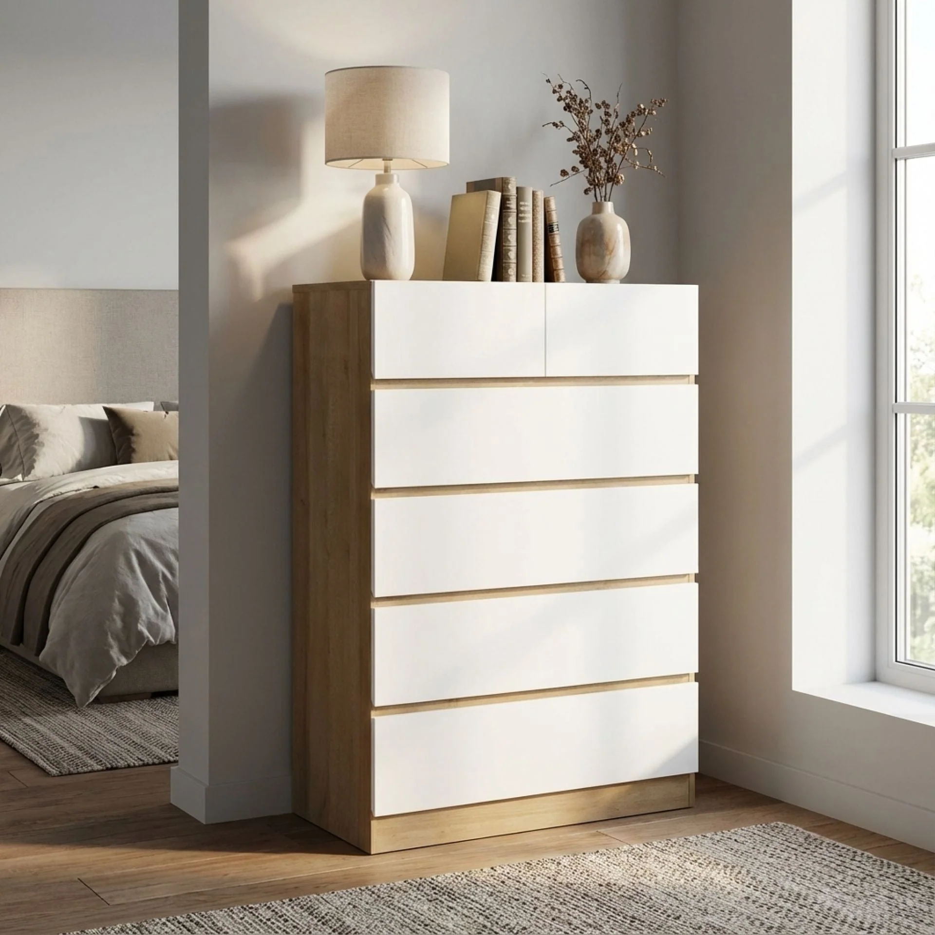 Harris 6 Drawers Tallboy - Oak + White - Image 4