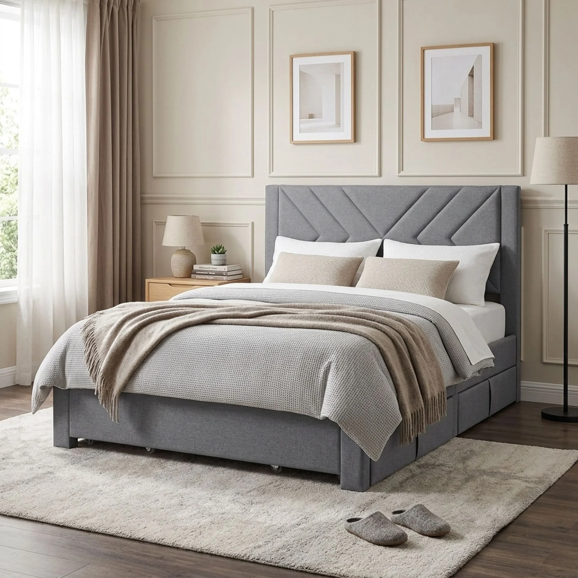 Haydon Double Fabric Bed Frame with 4 Drawers - Light Grey - Image 3