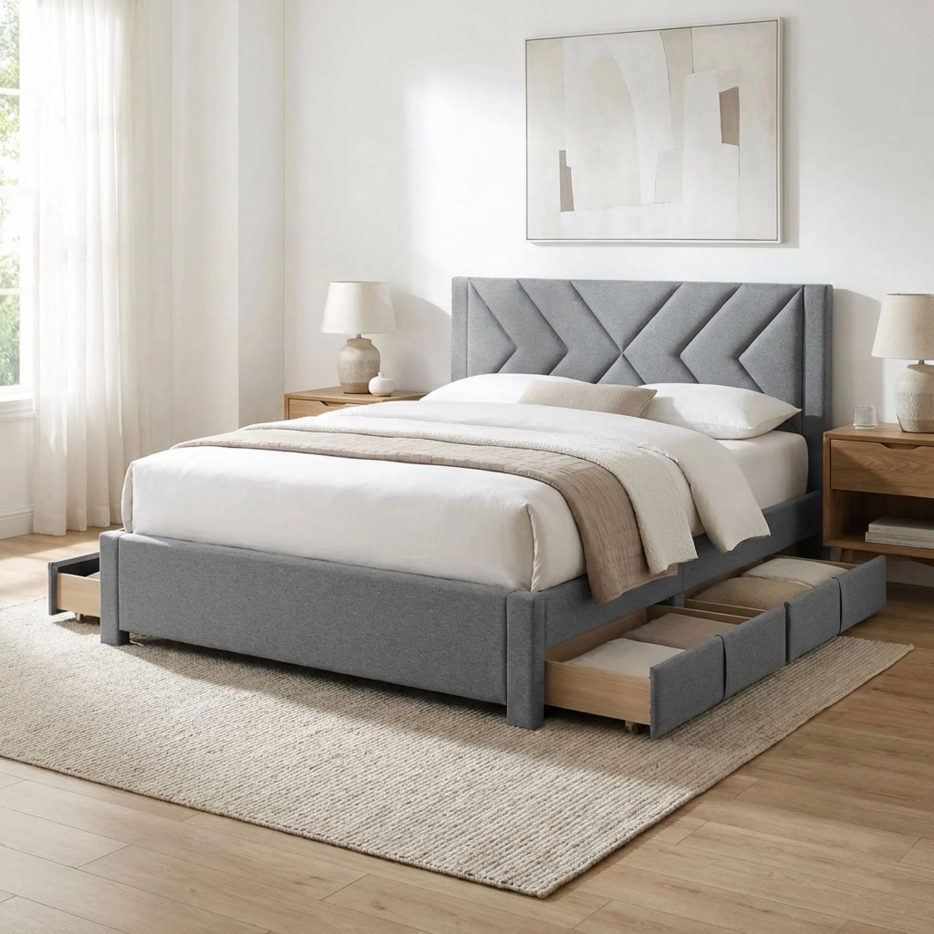 Haydon Queen Fabric Bed Frame with 4 Drawers - Light Grey - Image 2
