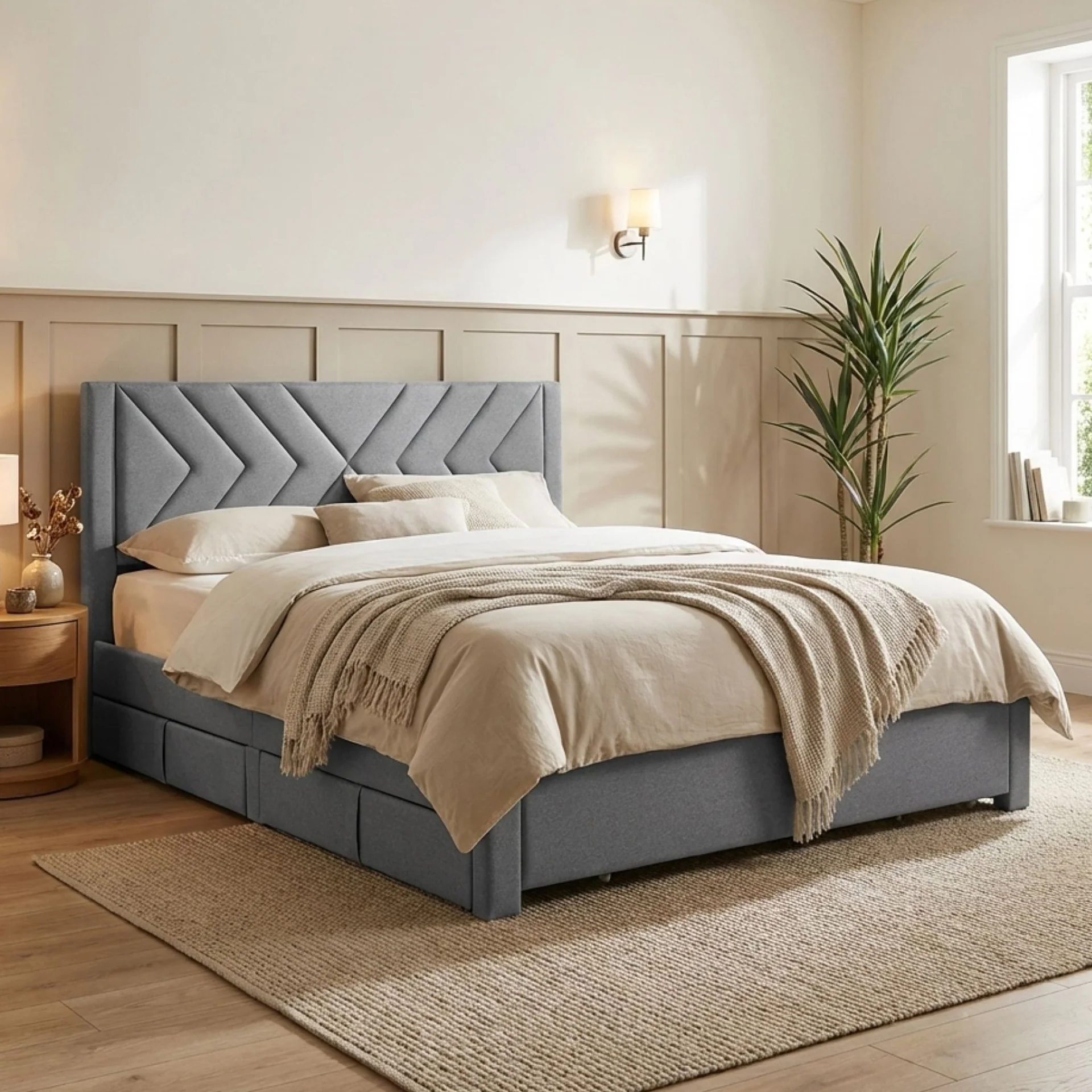 Haydon Super King Fabric Bed Frame with 4 Drawers - Light Grey
