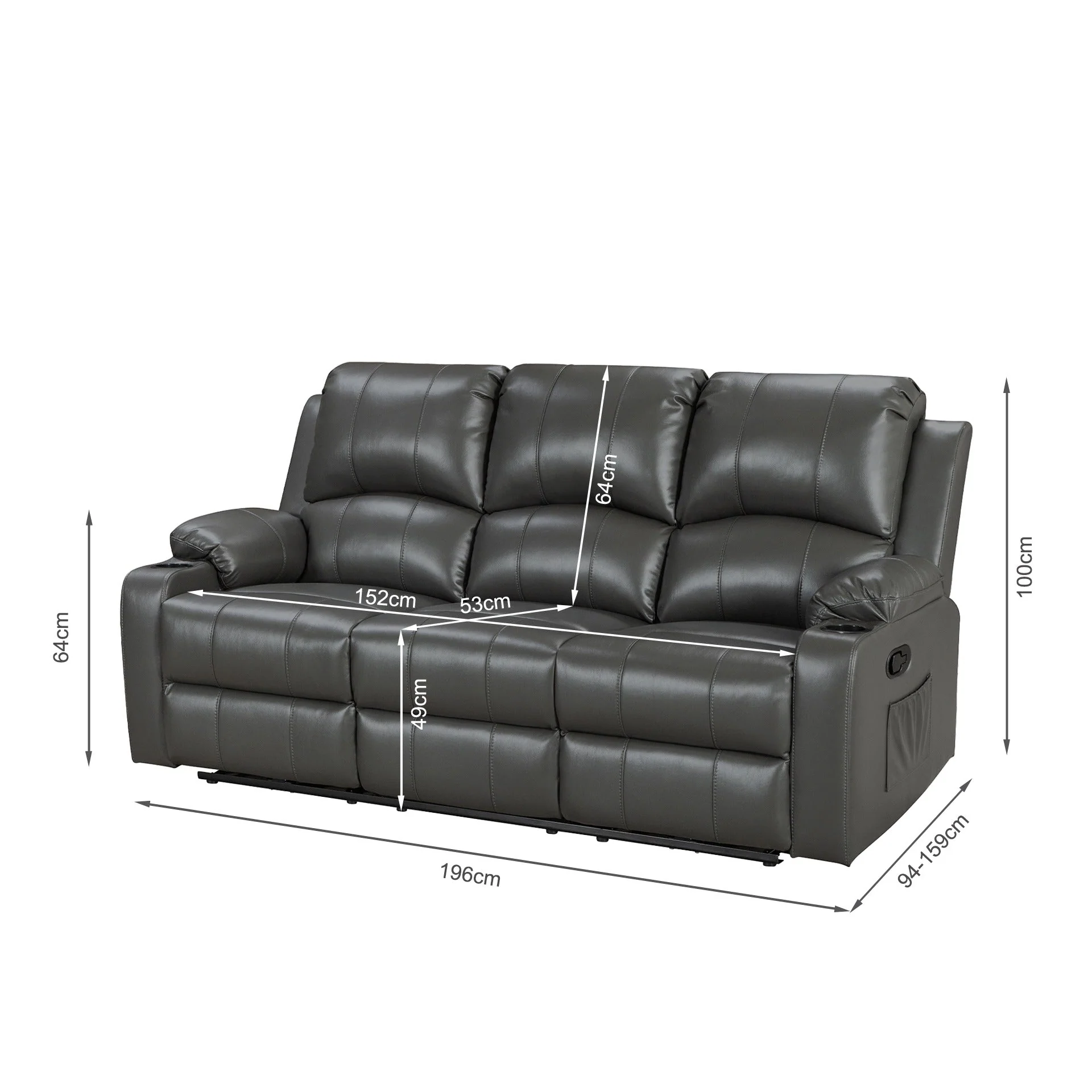 Henley Air Leather Manual 3 Seater Recliner Sofa - Grey - Image 13