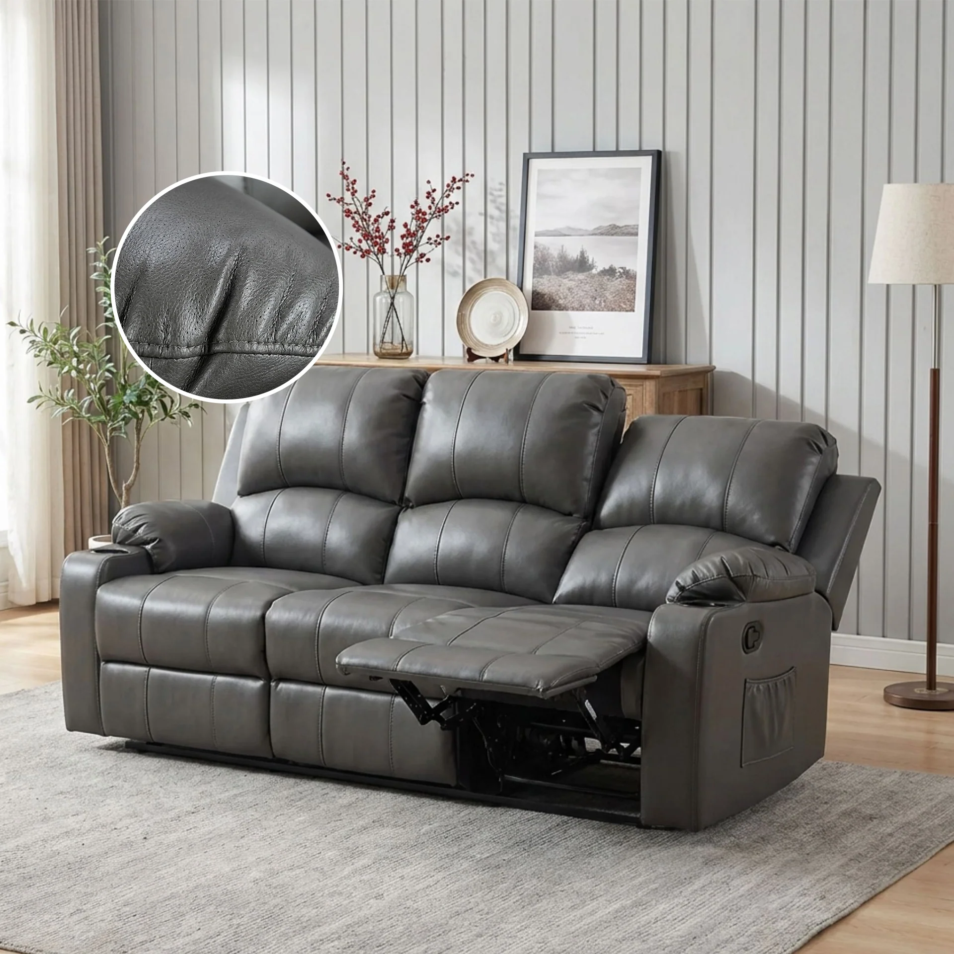 Henley Air Leather Manual 3 Seater Recliner Sofa - Grey - Image 2