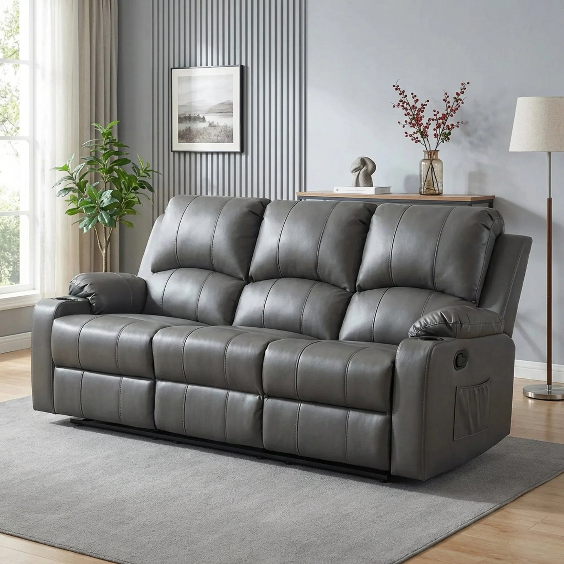 Henley Air Leather Manual 3 Seater Recliner Sofa - Grey - Image 4