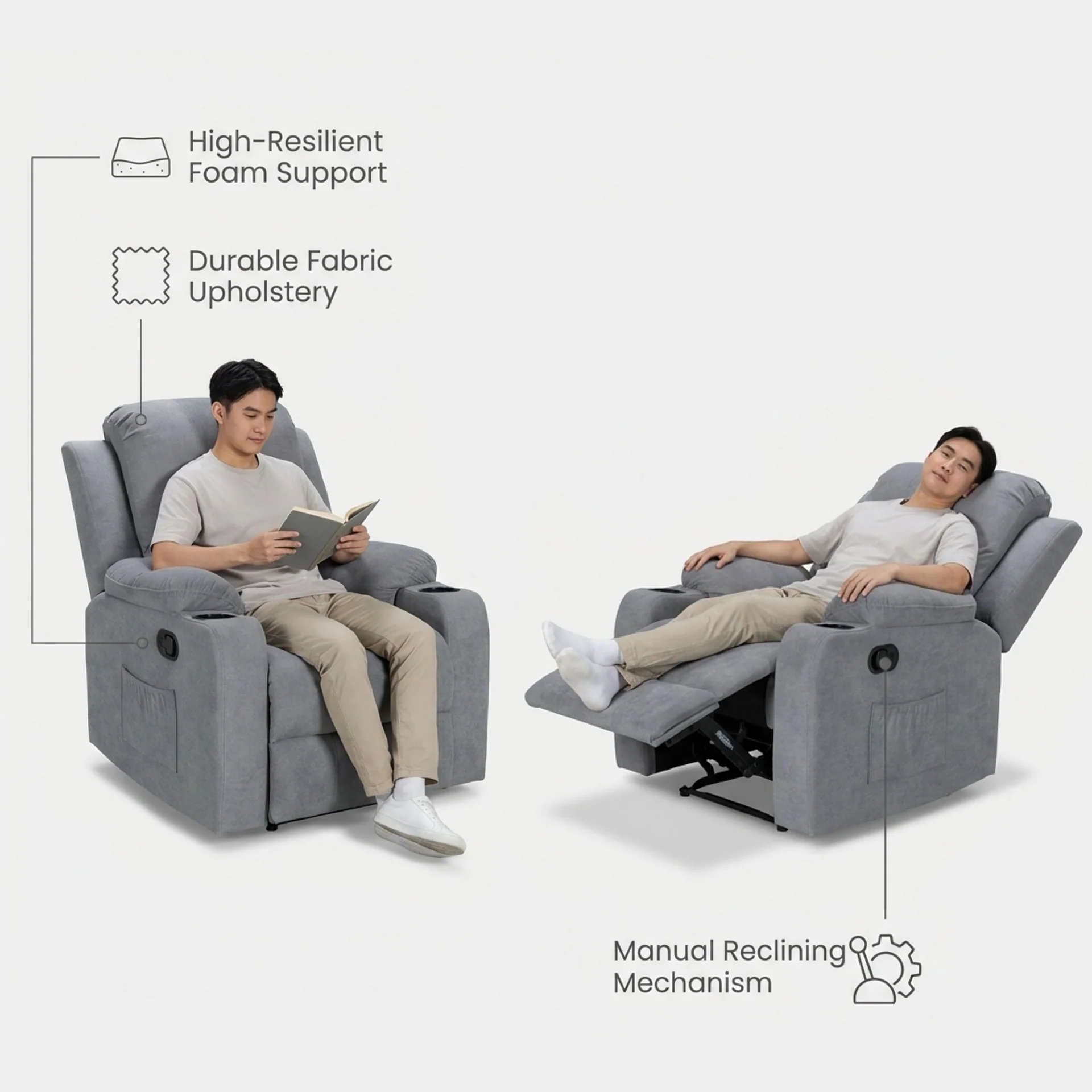 Henley Fabric Manual 1 Seater Recliner Sofa - Grey - Image 4