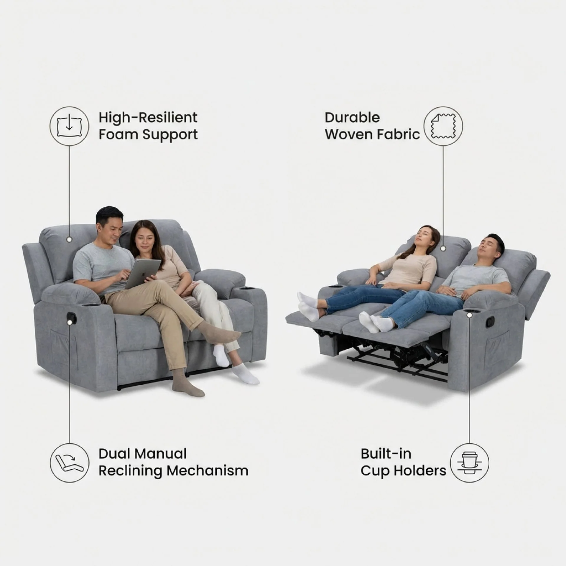 Henley Fabric Manual 2 Seater Recliner Sofa - Grey - Image 4