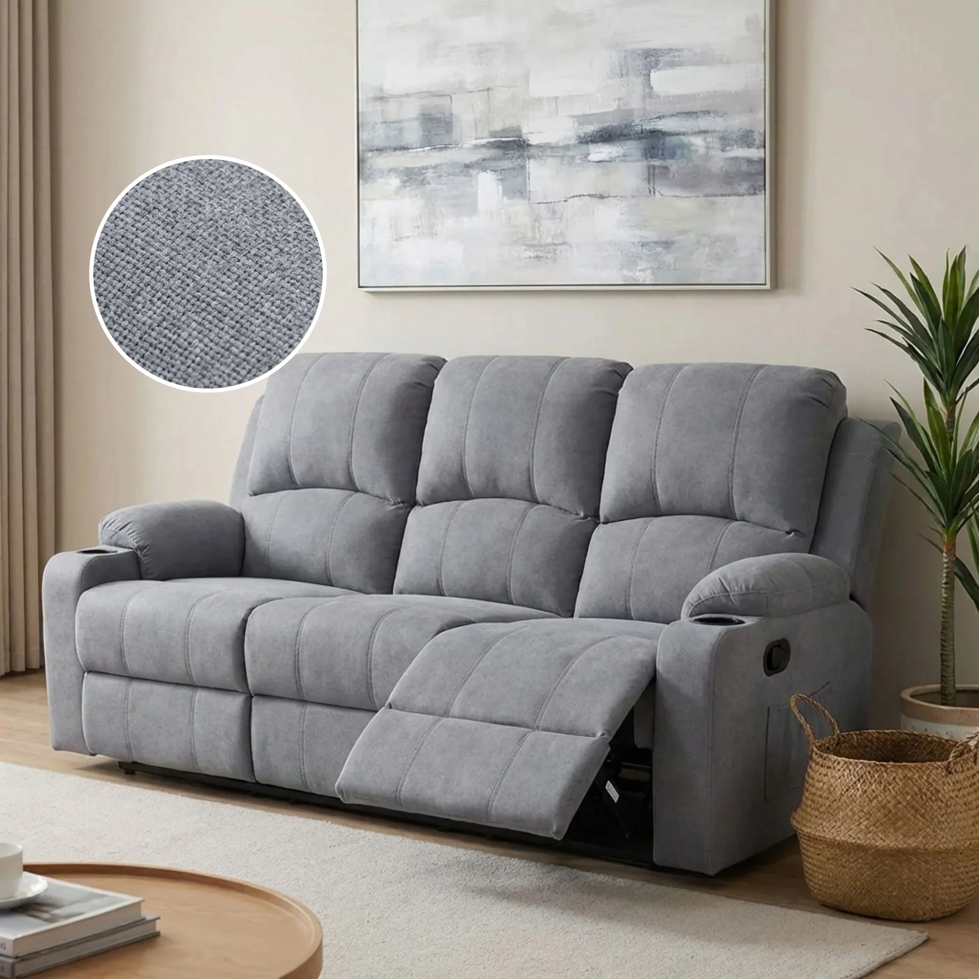 Henley Fabric Manual 3 Seater Recliner Sofa - Grey - Image 2