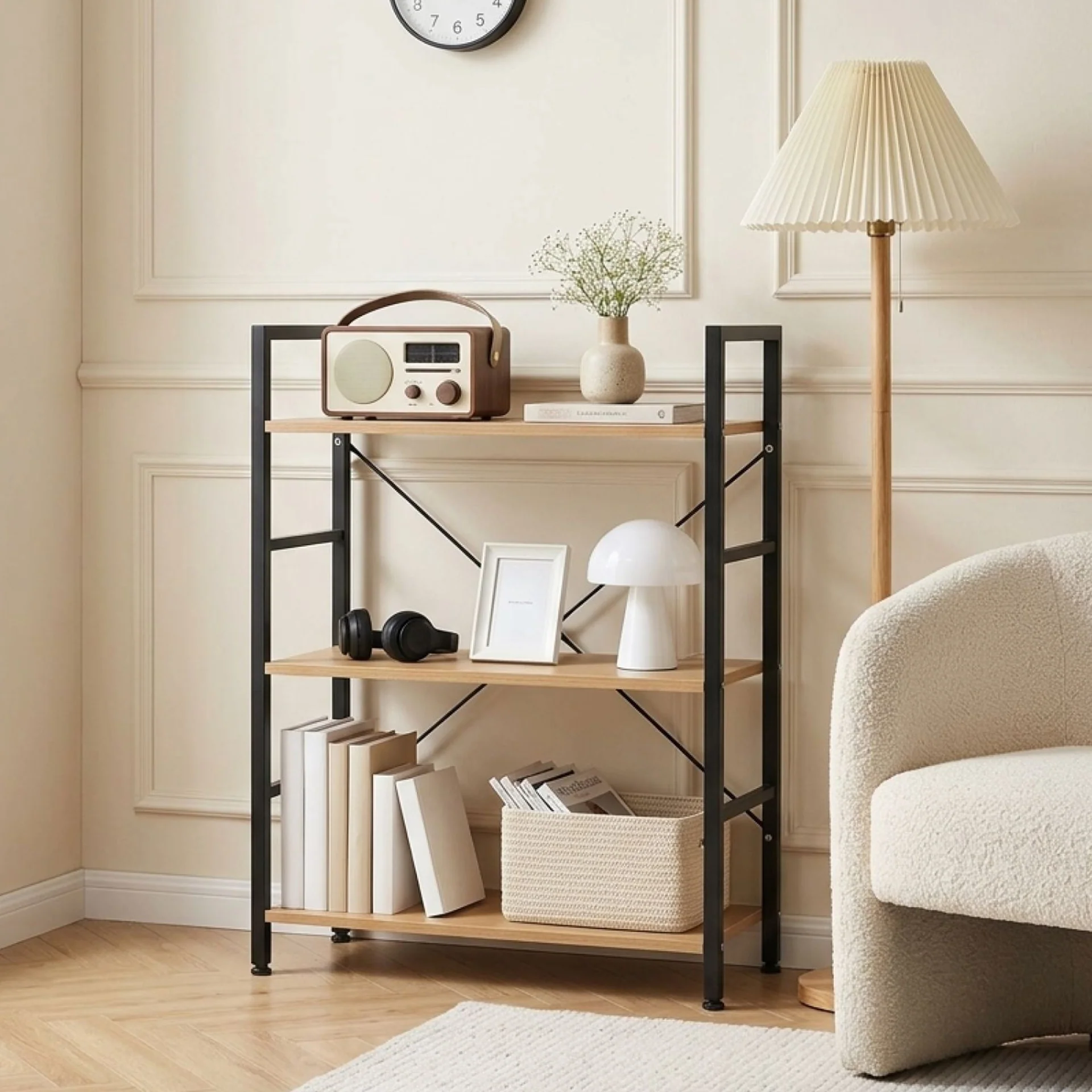 Hikuai 3 Tier Bookshelf - Natural + Black - Image 2