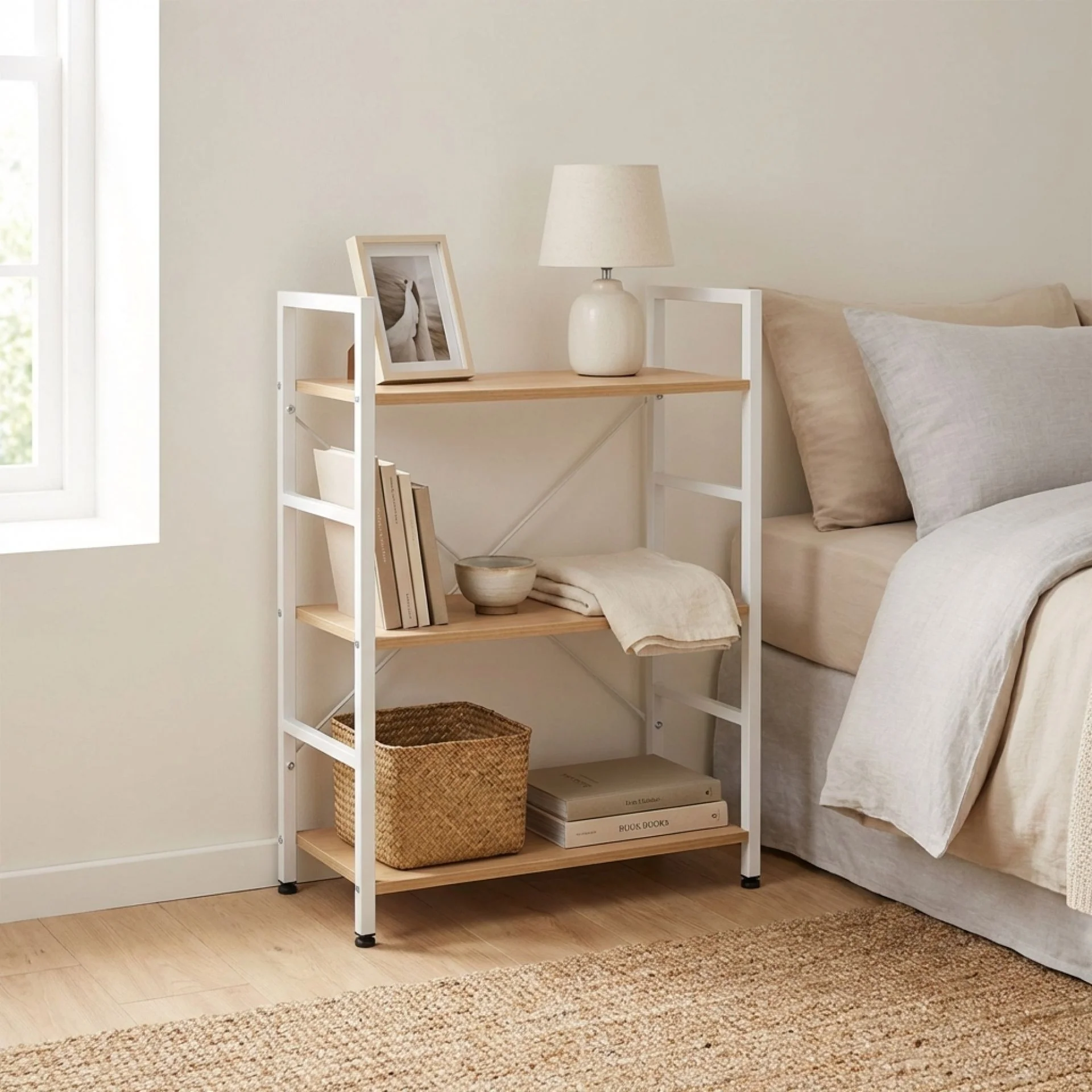 Hikuai 3 Tier Bookshelf - Natural + White - Image 4