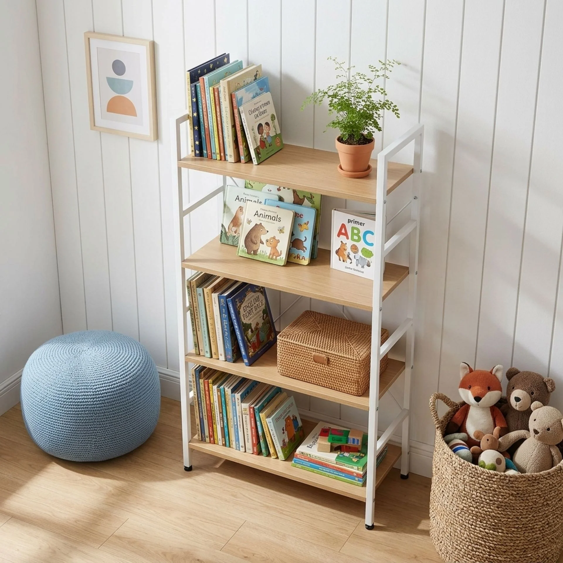 Hikuai 4 Tier Bookshelf - Natural + White - Image 4
