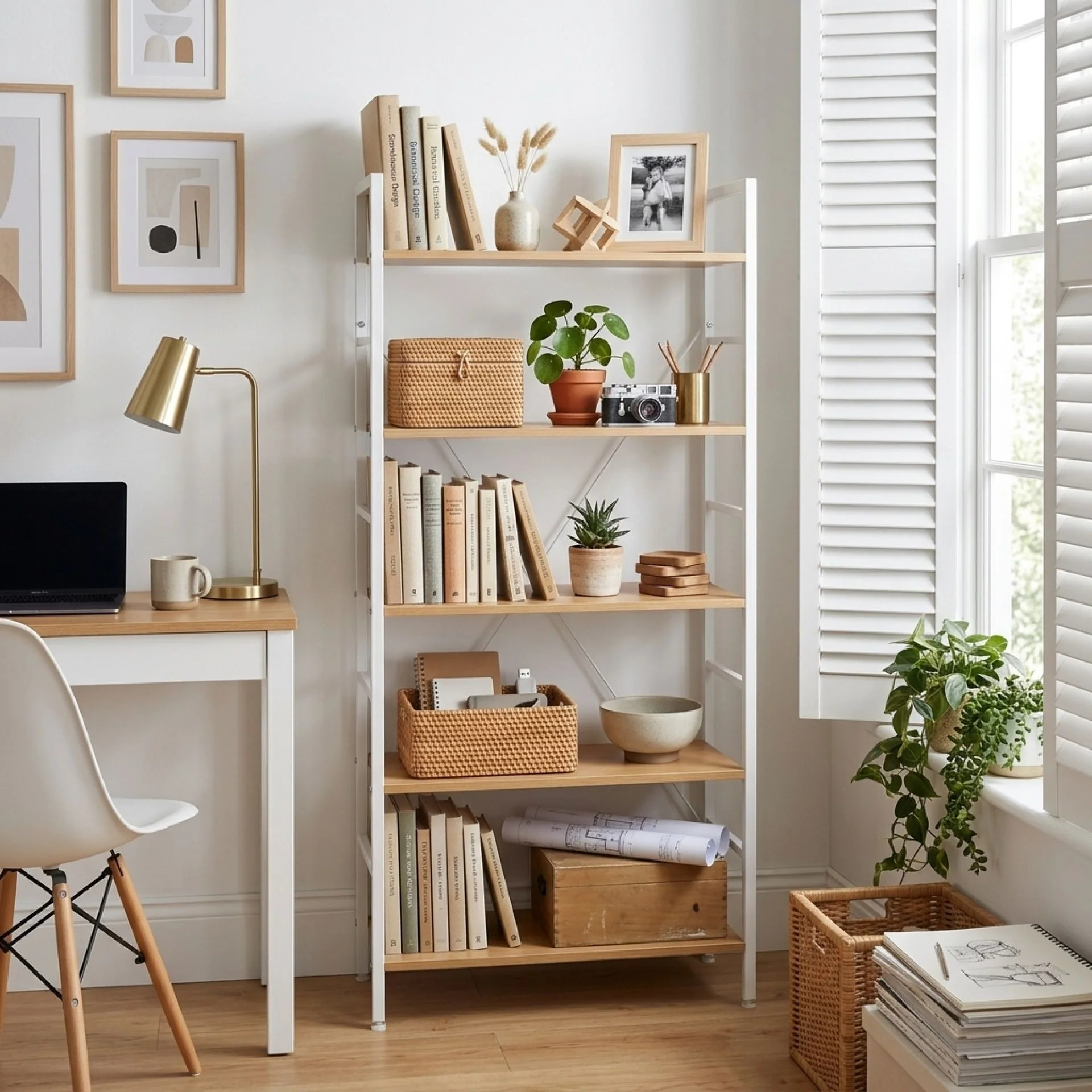 Hikuai 5 Tier Bookshelf - Natural + White - Image 2