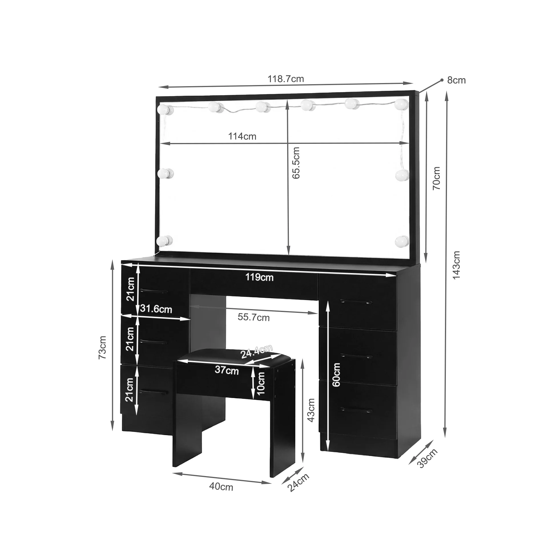 Lisianthus 2 Piece Dressing Table with Mirror & Stool Set - Black - Image 13