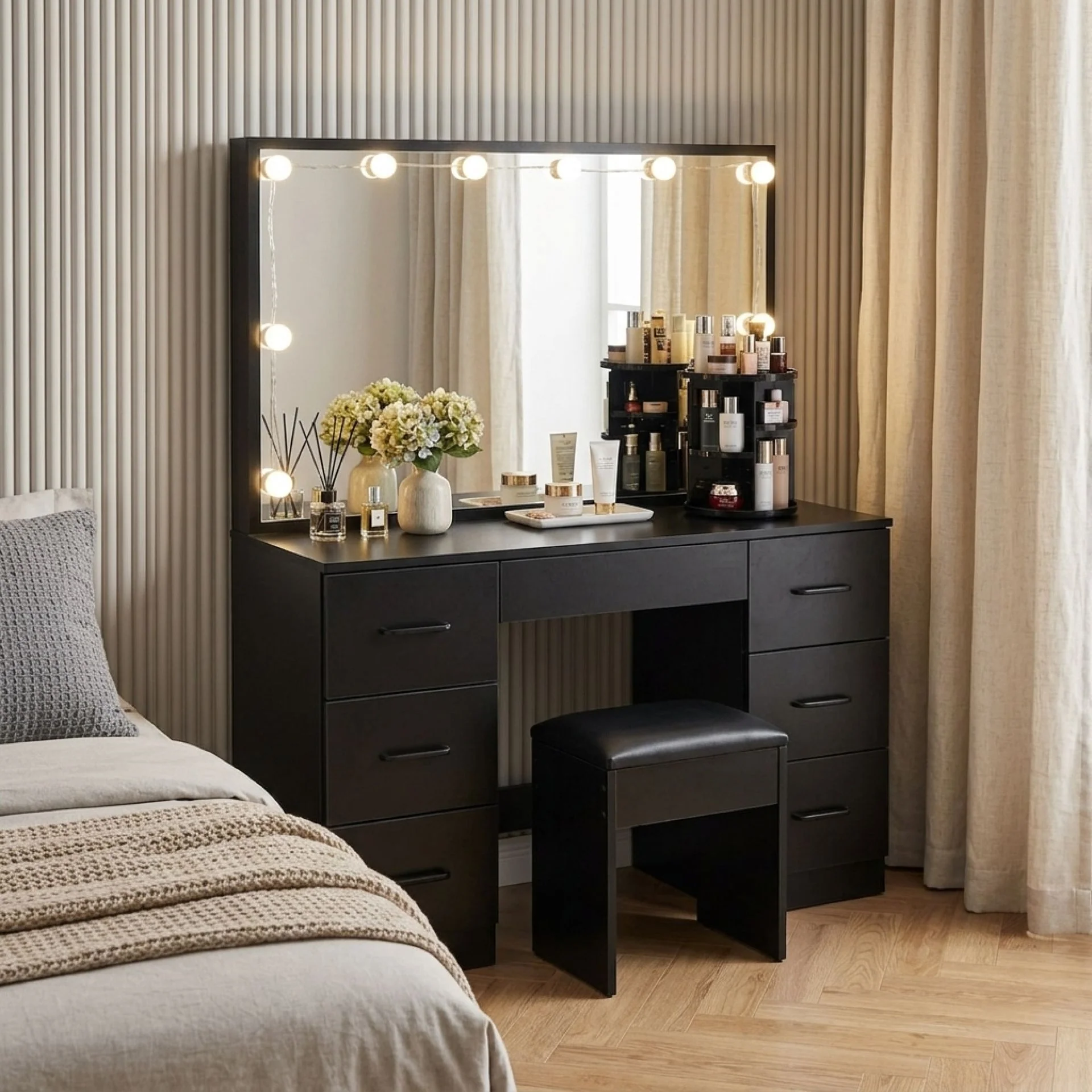 Lisianthus 2 Piece Dressing Table with Mirror & Stool Set - Black - Image 4