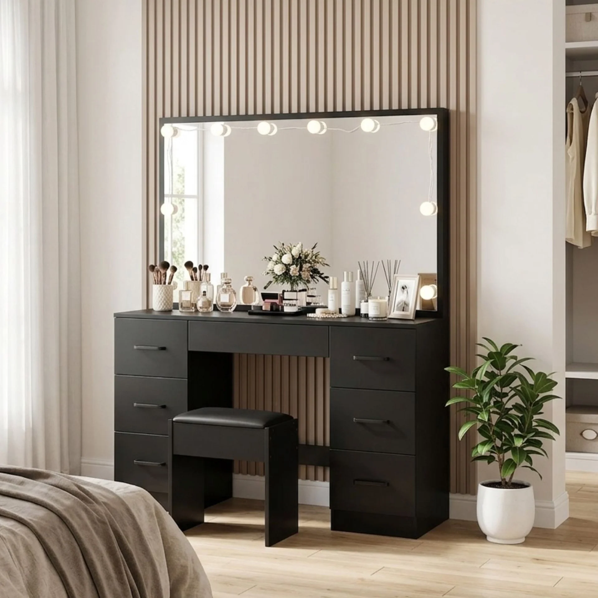 Lisianthus 2 Piece Dressing Table with Mirror & Stool Set - Black - Image 6