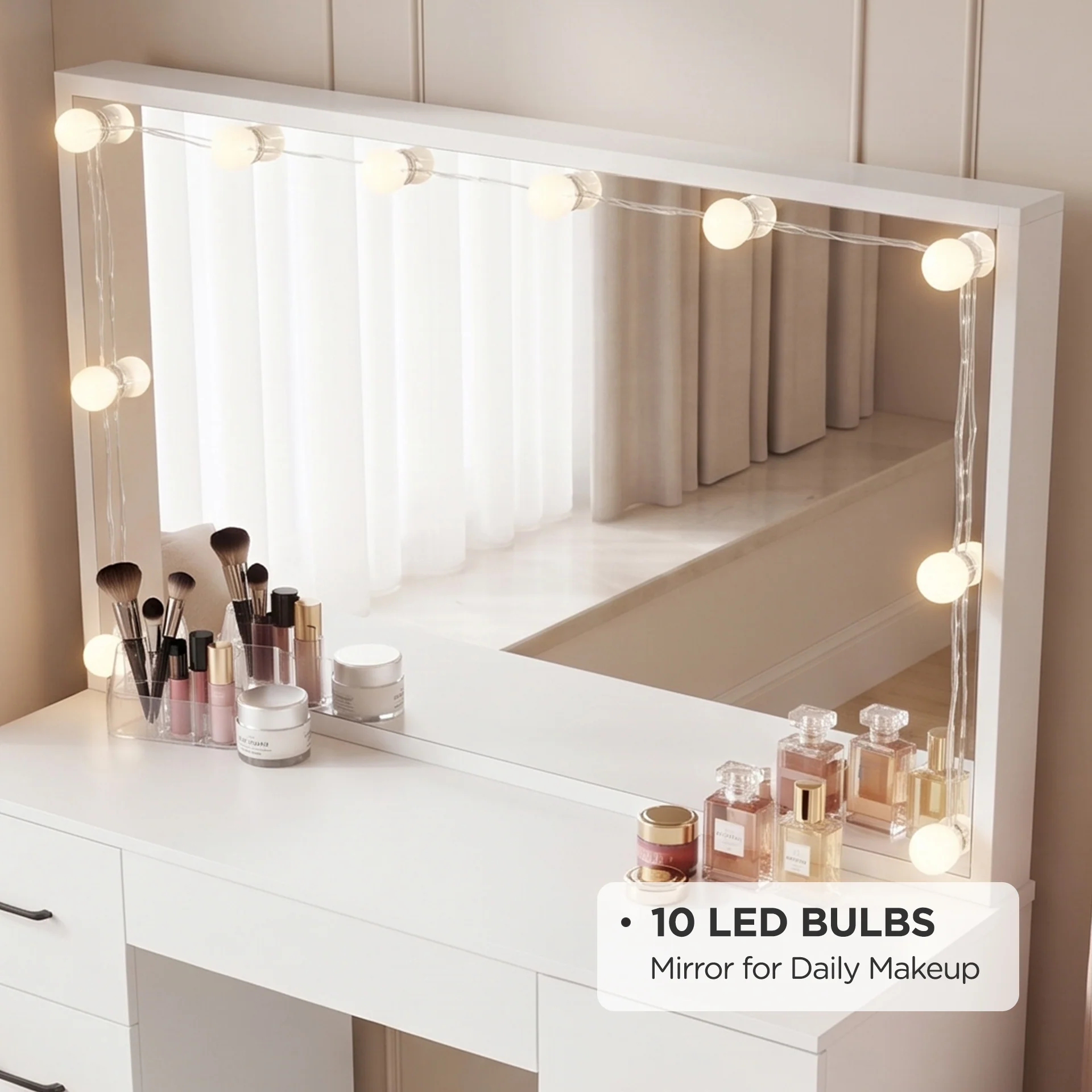 LISIANTHUS 2 Piece Dressing Table with Mirror & Stool Set - White - Image 2