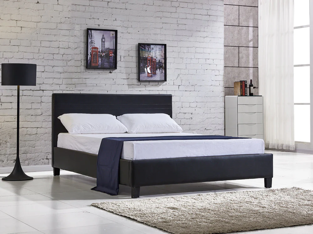 LOGAN QUEEN Slat PU Bed with Headboard - BLACK - Image 2