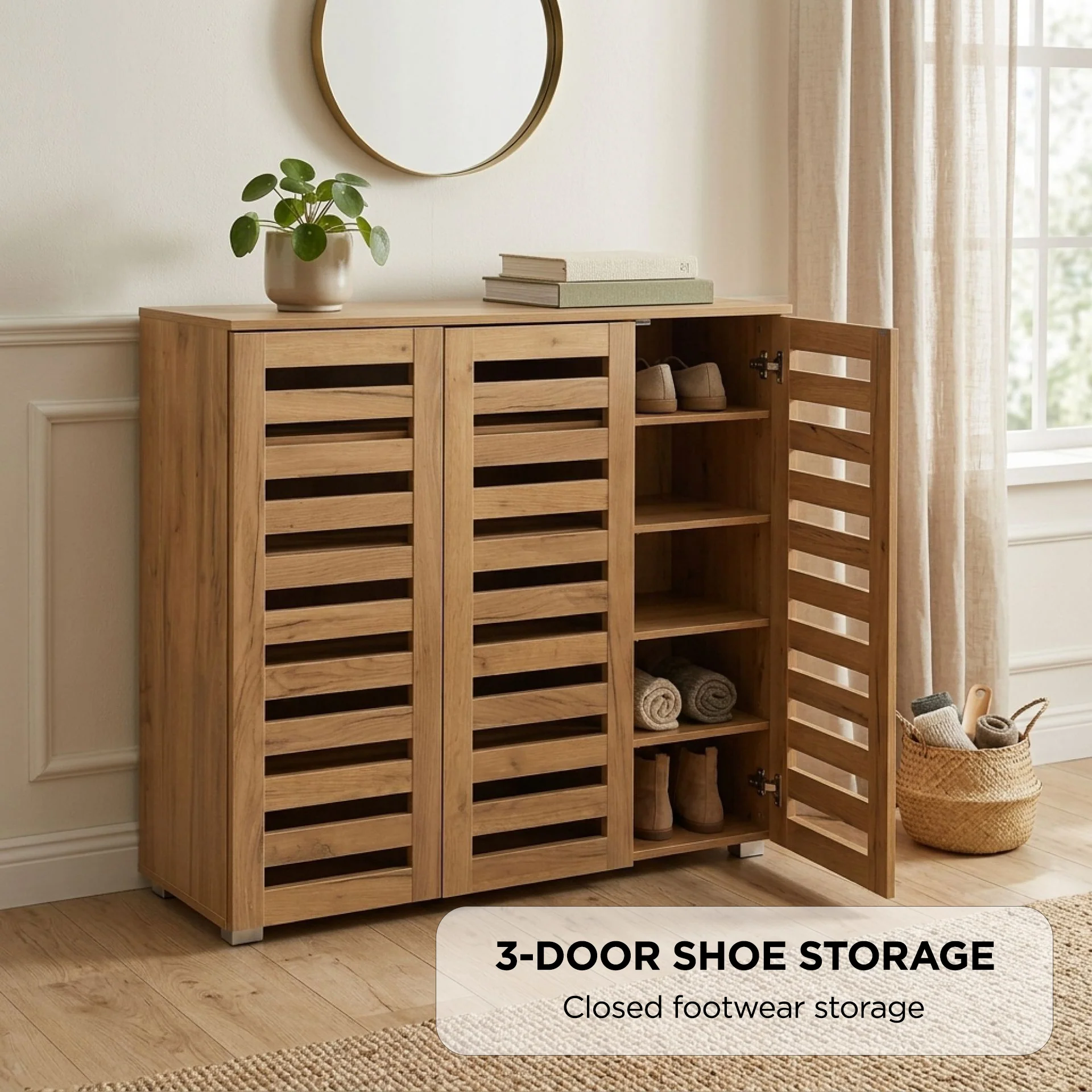 Loma 3 Door Shoe Cabinet Storage Rack - Dark Oak - Image 2