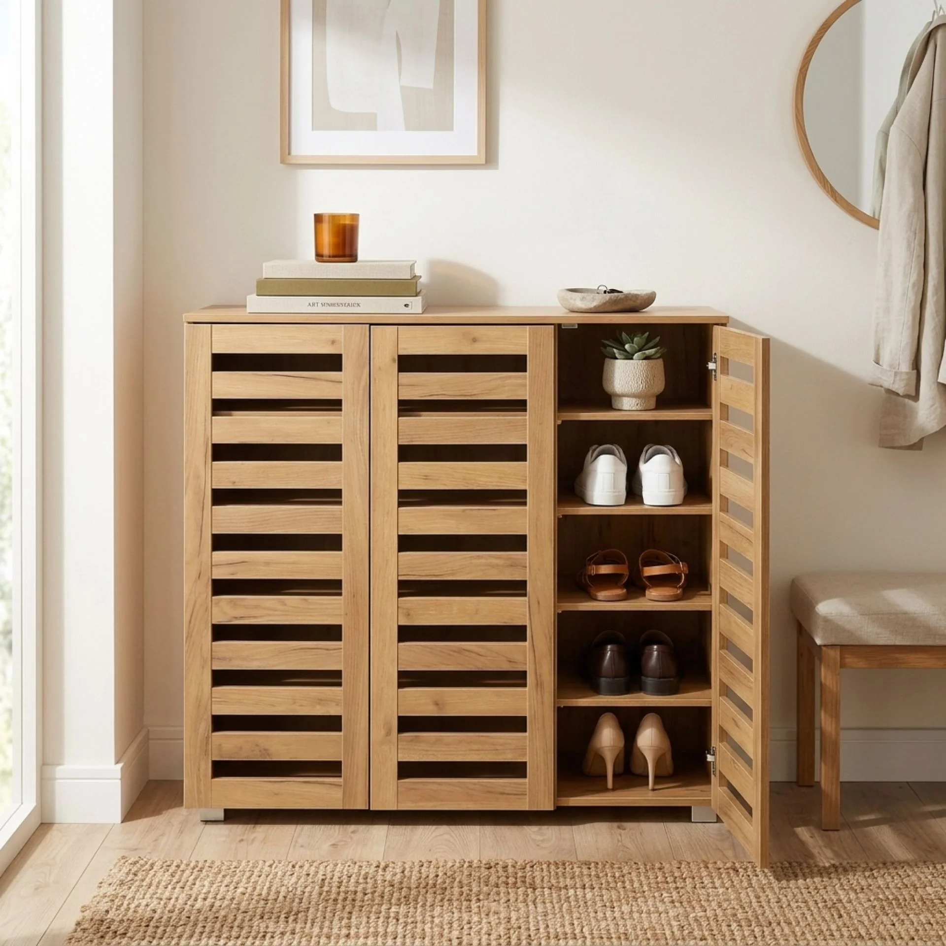 Loma 3 Door Shoe Cabinet Storage Rack - Dark Oak - Image 7
