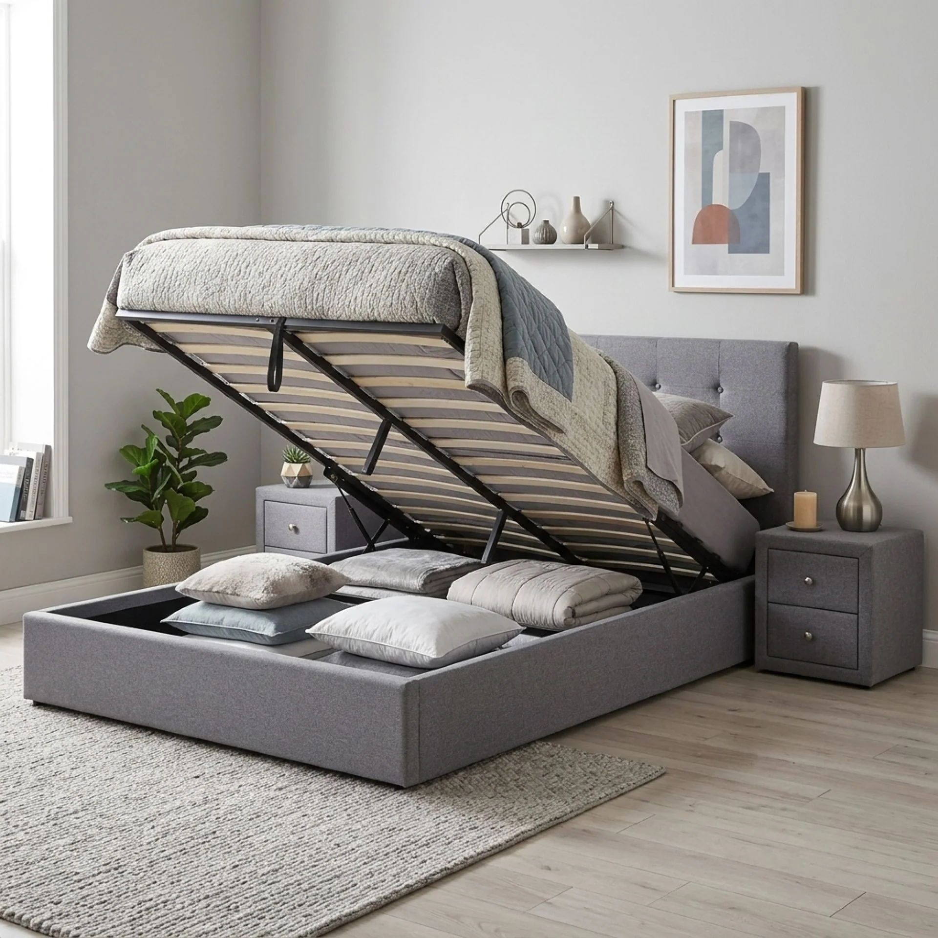 Lureva Linen Queen Gas Lift Bed Frame – Grey