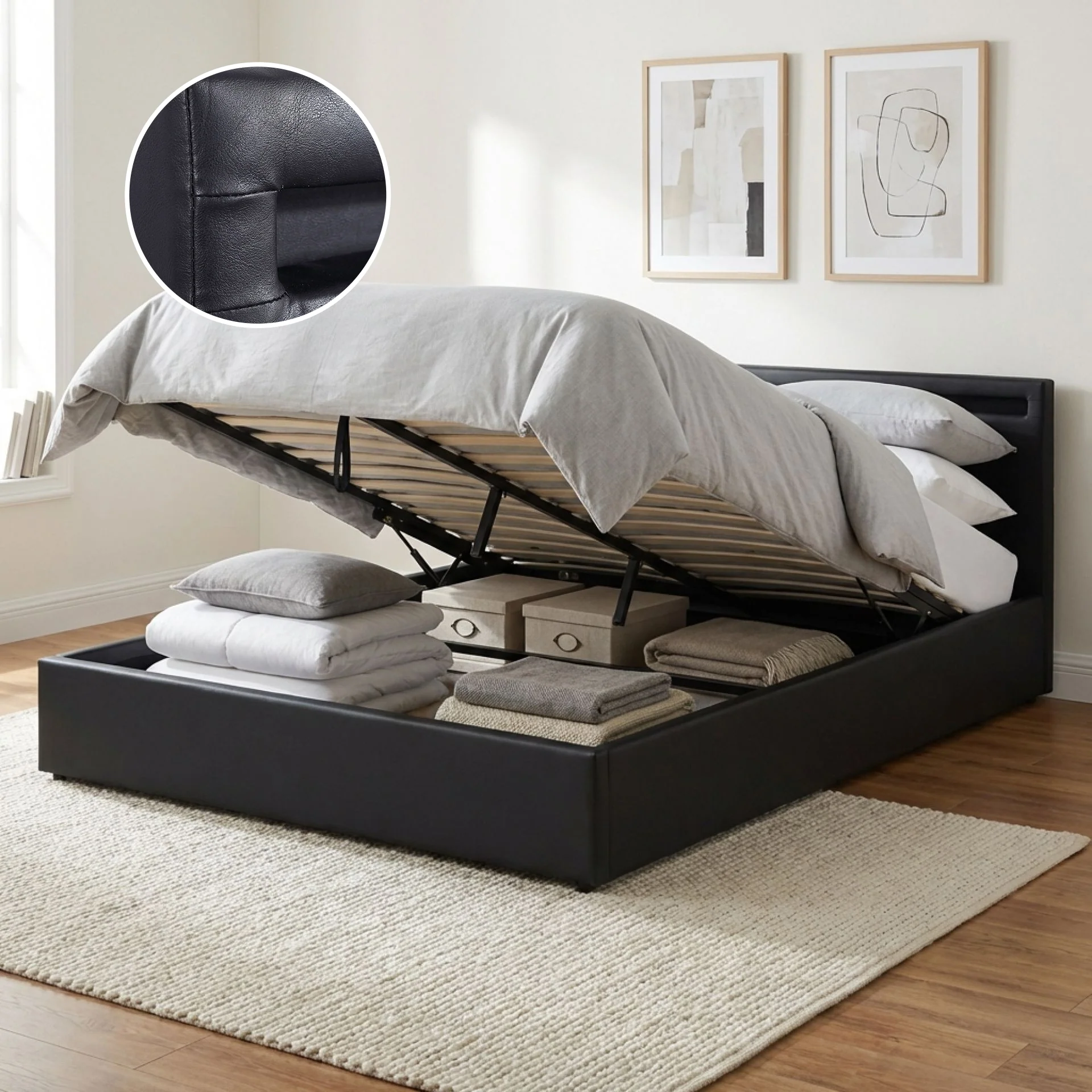 Glimora PU Queen Gas Lift Storage Bed Frame - Black - Image 2