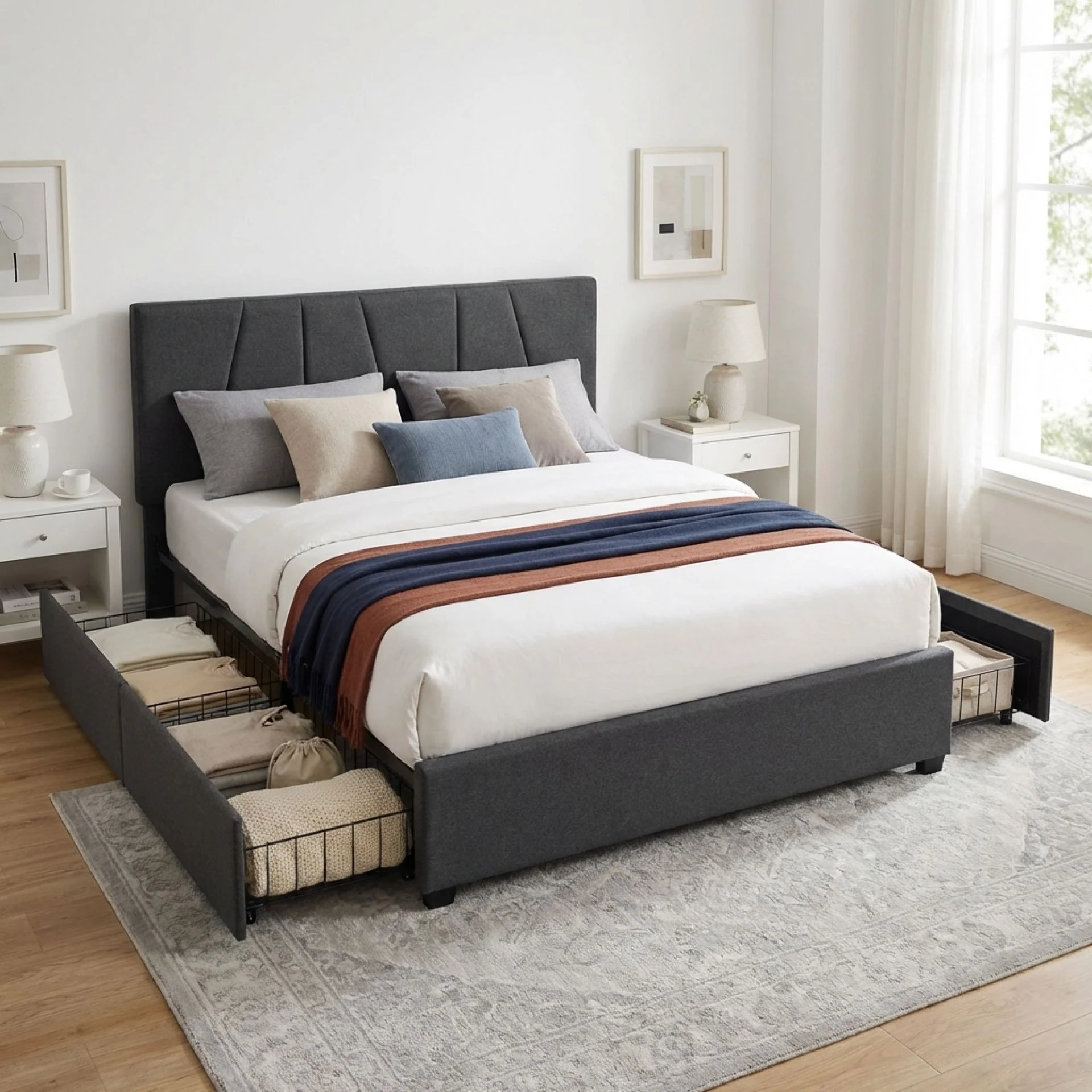Wireva Linen Queen Bed Frame With 4 Drawers - Dark Grey