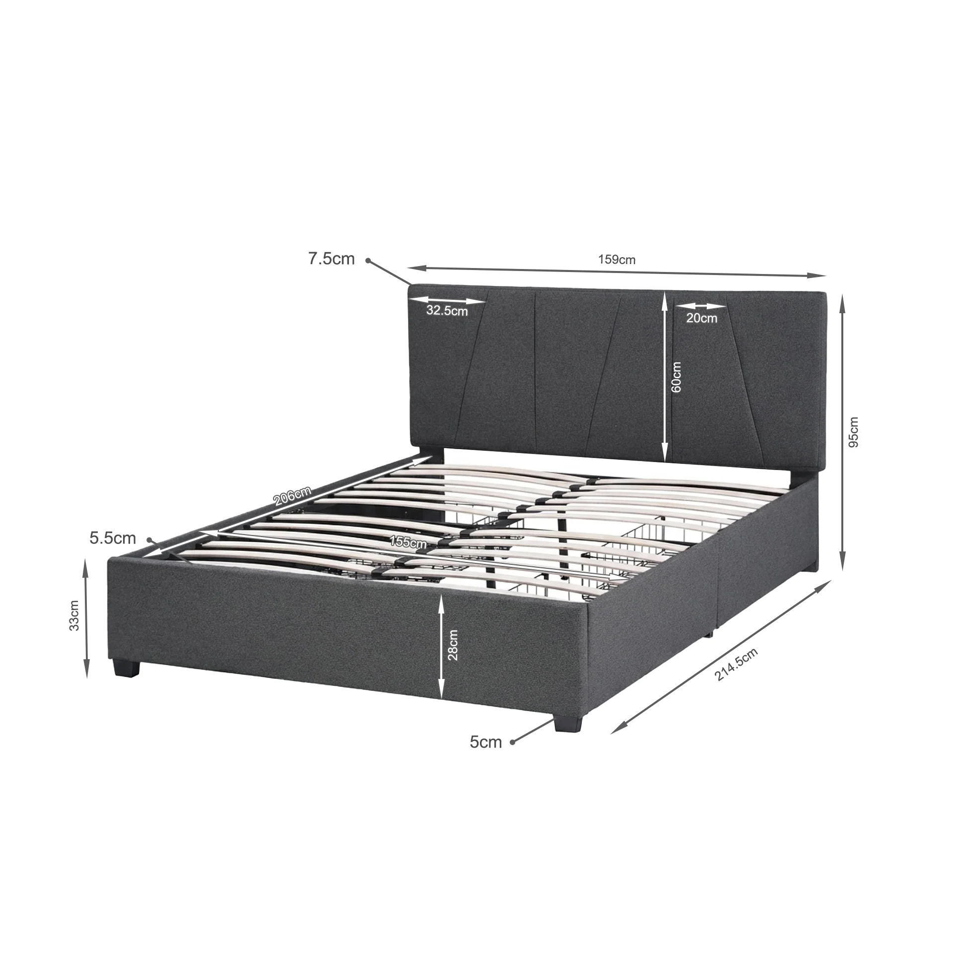 Wireva Linen Queen Bed Frame With 4 Drawers - Dark Grey - Image 10